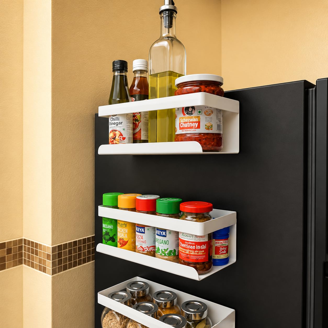 Ohumlabs Magnetic Carbon Steel Floating Rack Kitchen Accessories, Decorate Refrigerator, Washing Machine & Oven With Magnetic Si