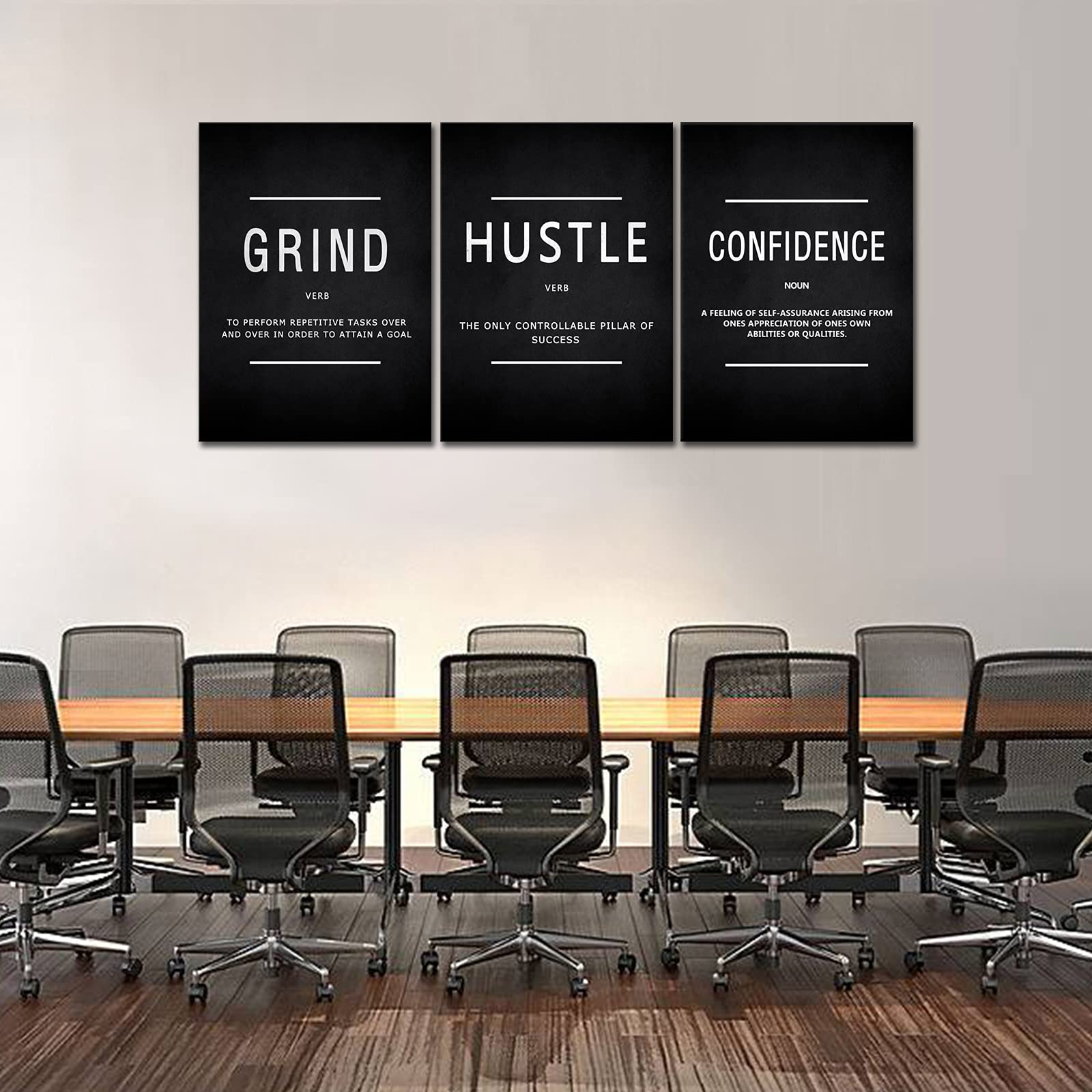 KAWAHONE Motivational Success Canvas Wall Art  Grind Hustle Confidence Wall Decor Framed Inspirational Entrepreneurs Painting Prints Quotes Poster for Office Workplace Easy to Hang- 20'' Wx28 Hx3Piece