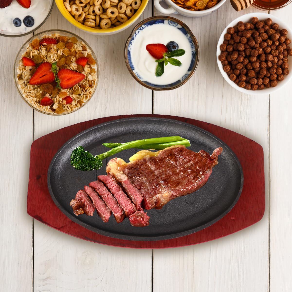 Yardwe Cast Iron Steak Pan, Round Sizzling Plate Fajita Skillet Steak Plate With Wooden Base For Kitchen Restaurant