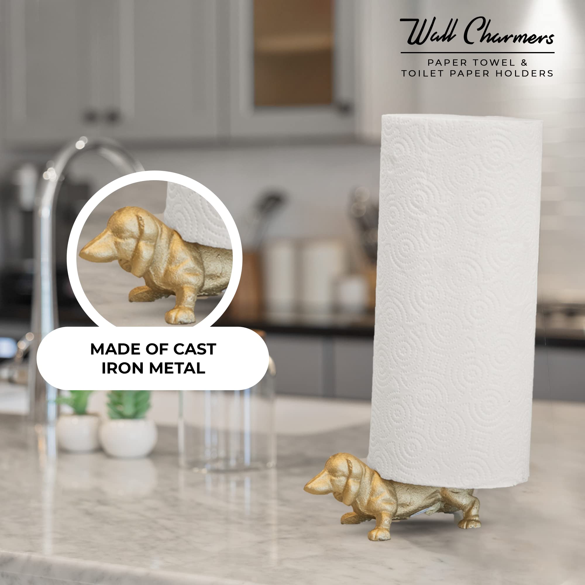 Wallcharmers Gold Paper Towel Holder, Metal Toilet Or Kitchen Paper Holder For Floor Or Countertop, Gold Dog
