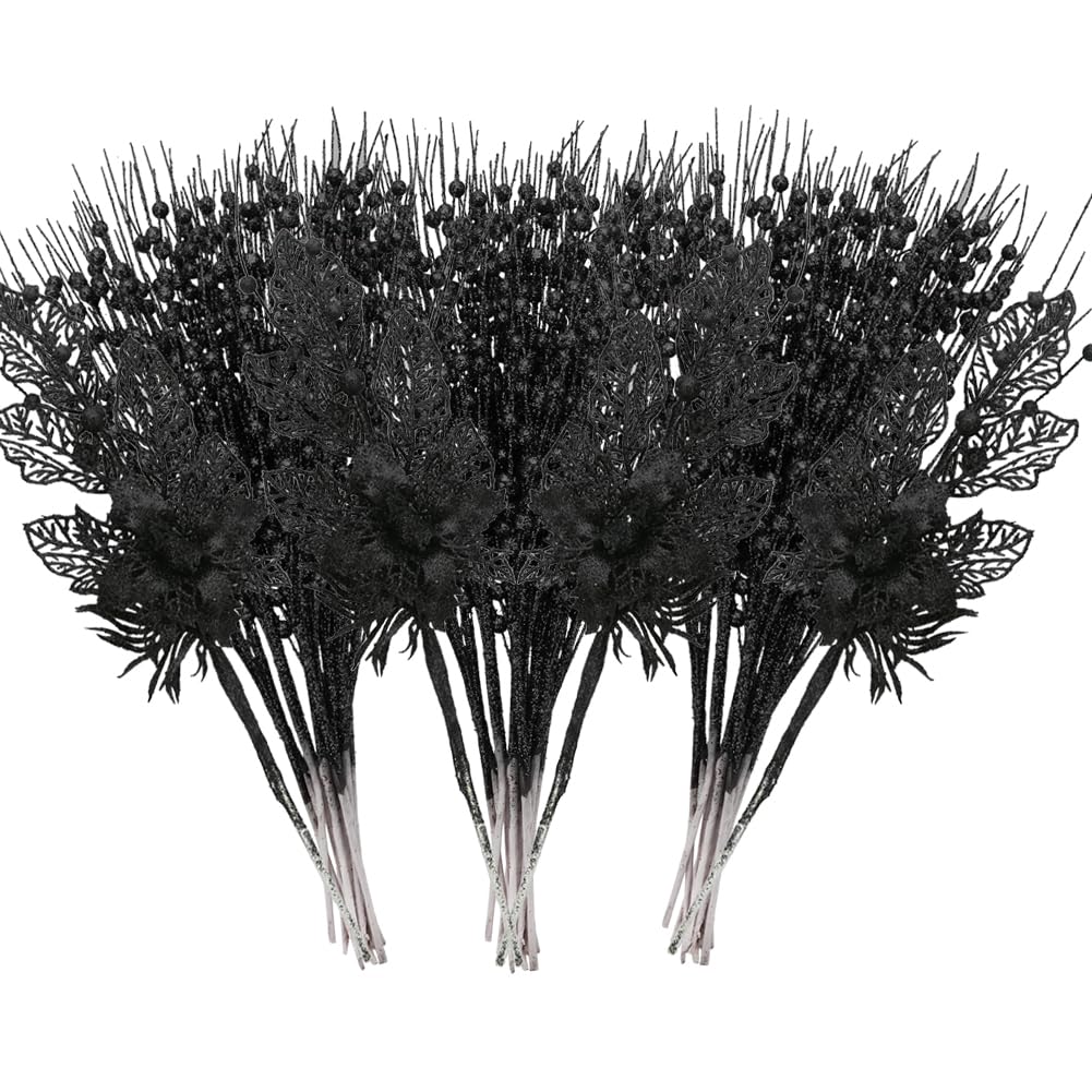 ROSELEAF 28 Pack Black Christmas Tree Ornaments, Artificial Glitter Berry and Flowers Stem Branches Picks for Halloween Xmas Tre
