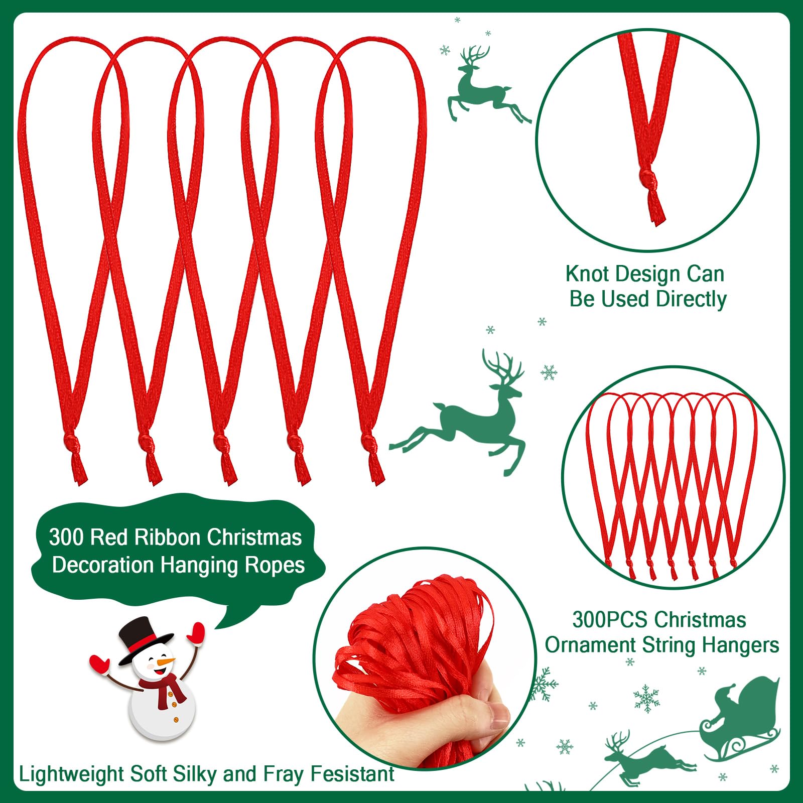 JUNEBRUSHS 300Pcs Christmas Ornament Hangers, Hand Tied String Ties Ornament Loops Thin Red Ribbon for Ornaments Christmas Tree