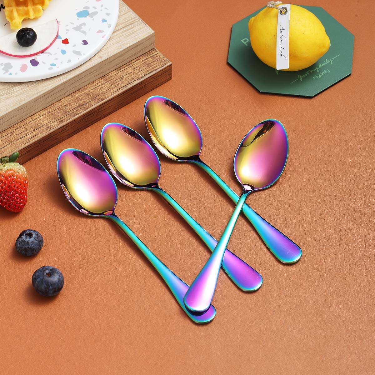 Rainbow Teaspoons 6.5'' Set Of 4, Berglander Stainless Steel Titanium Plating Shiny Mutil-Color Tea Spoons Silverware, Colorful