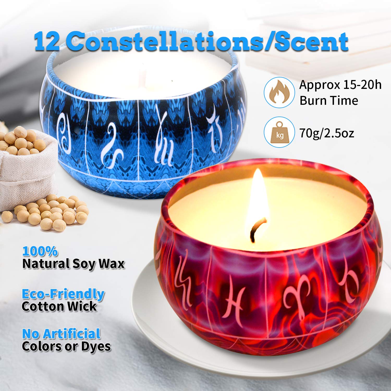 12 Constellations Scented Candles Gift Set 2.5oz Aromatherapy Candles Strong Fragrance Portable Travel Tin Jar Candles Gifts for