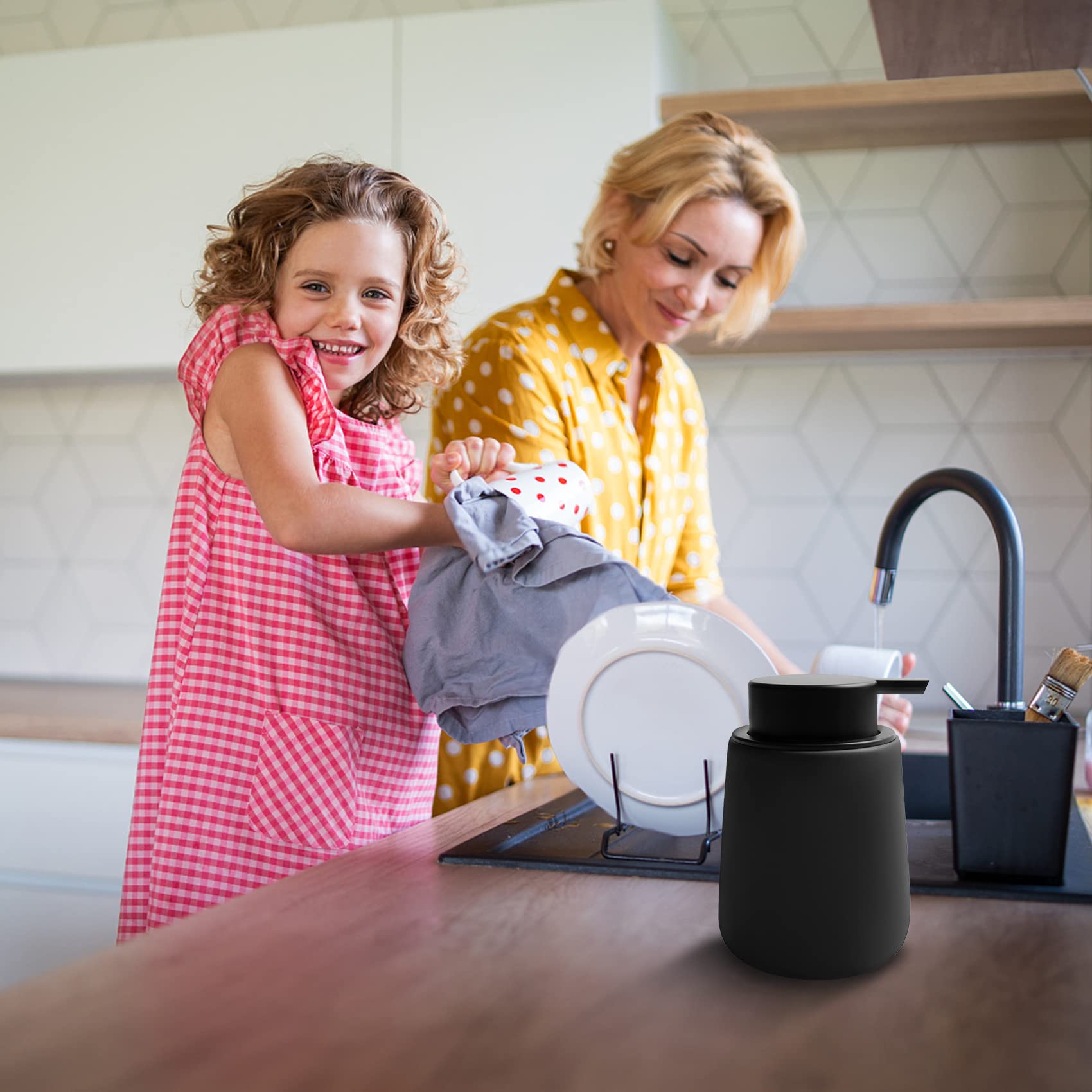 Toozfo Soap Dispenser Ceramic With Easy-To-Press Pump Hand Lotion Liquid Dispenser For Shampoo Bathroom Kitchen 12 Oz Black