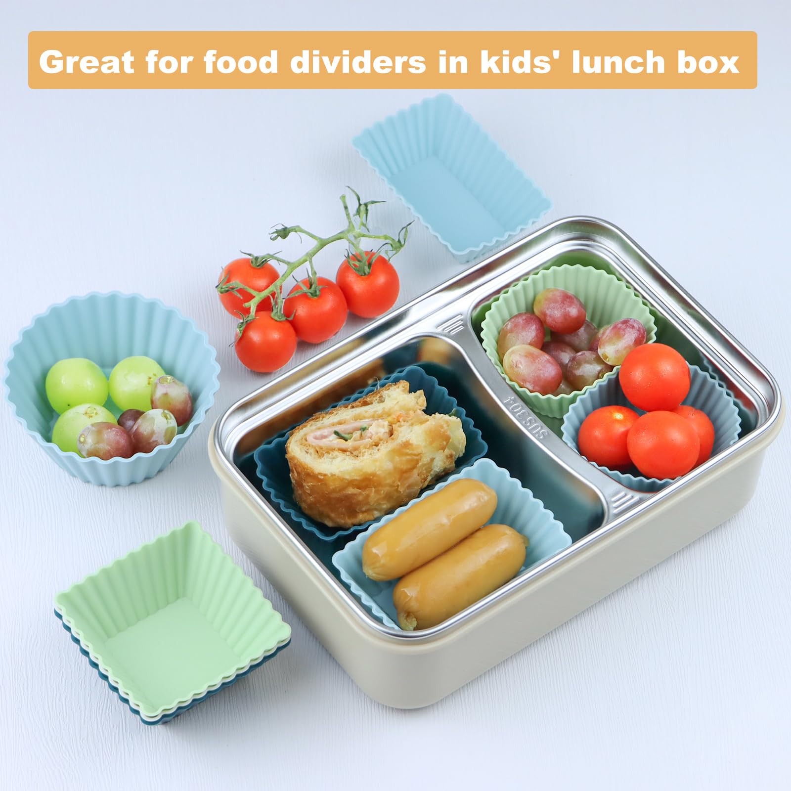 24Pack Silicone Cupcake Liners, Reusable Muffin Cups Baking Molds, 3 Shapes Lunch Box Bento Dividers-Round, Square, And Rectangu