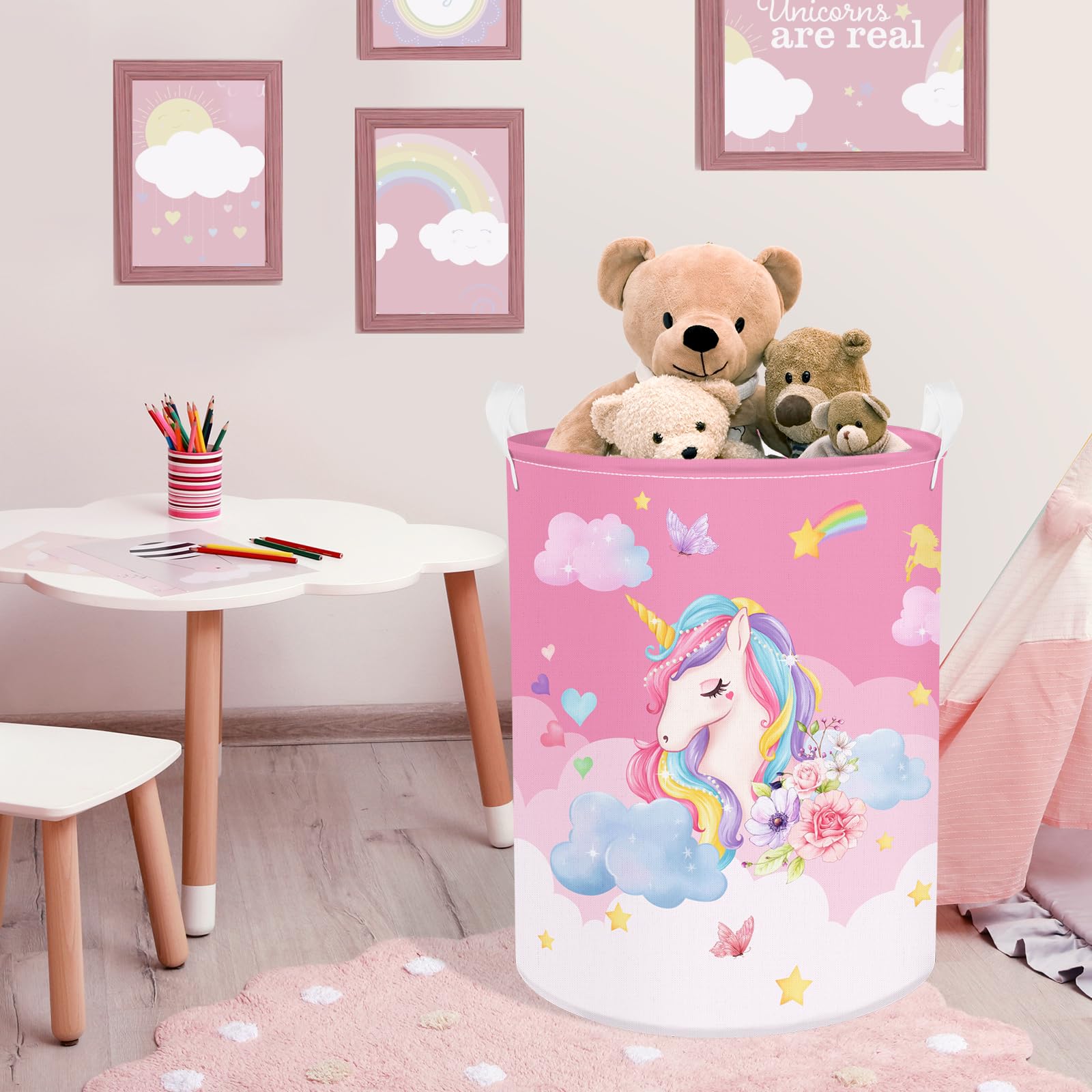 Clastyle 45L Pink Unicorn Laundry Basket For Girls Round Rainbow Kids Laundry Hamper Moon Stars Flower Cloud Toy Clothes Storage