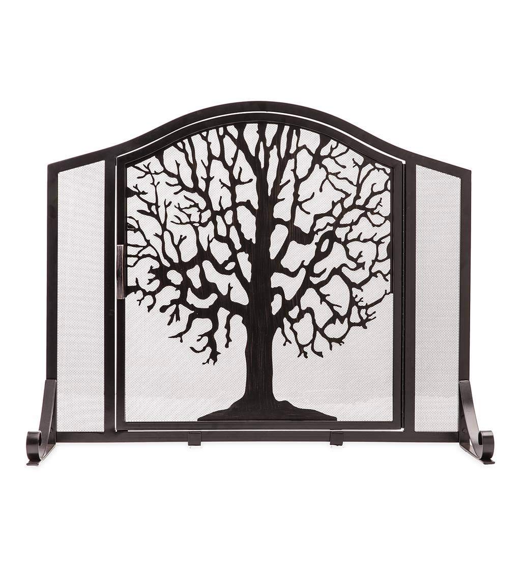 Plow & Hearth Metal Fireplace Screen Tree Of Life Black | 38'' W X 31'' H | Flatguard | Spark Guard Grate | Iron Fire Place Cove