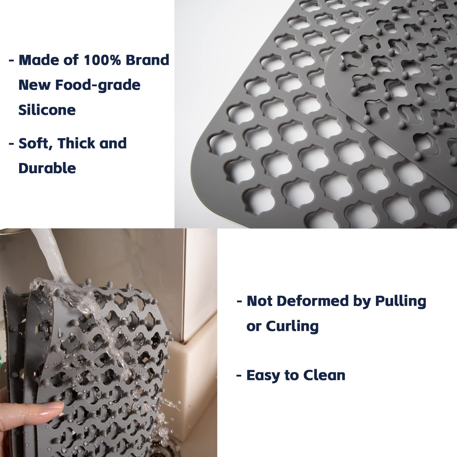 Silicone Sink Mat, 24.6''X 12.9'' Kitchen Sink Protector Grid For Bottom Of Center Drain Sink, Twinnekyr Grey Non-Slip Heat Resi