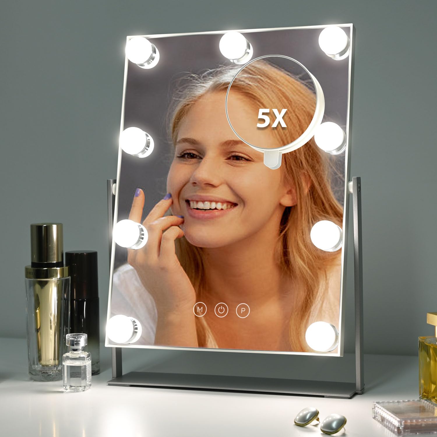 Nezzoe Vanity Mirror With Lights, Lighted Makeup Mirror With 9 Dimmable Bulbs, 3 Color Lighting Modes, Detachable 5X Magnificati