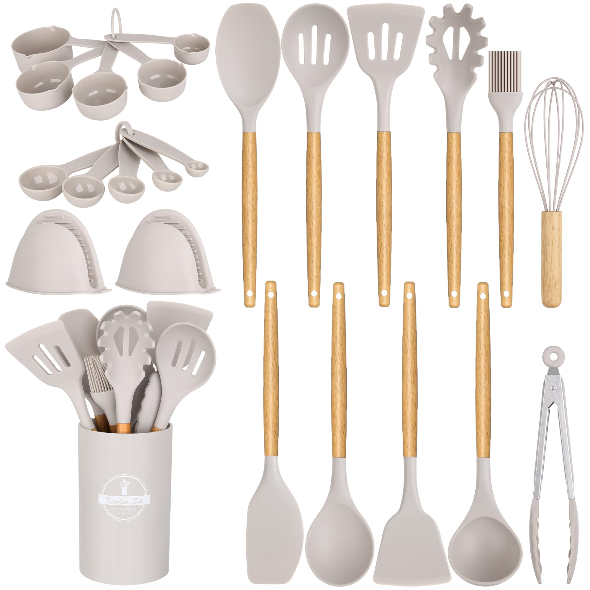 24 Pcs Kitchen Cooking Utensils Set,446F Heat Resistant Non-Stick Silicone Kitchen Utensil Set With Wooden Handles And Holder,Ki