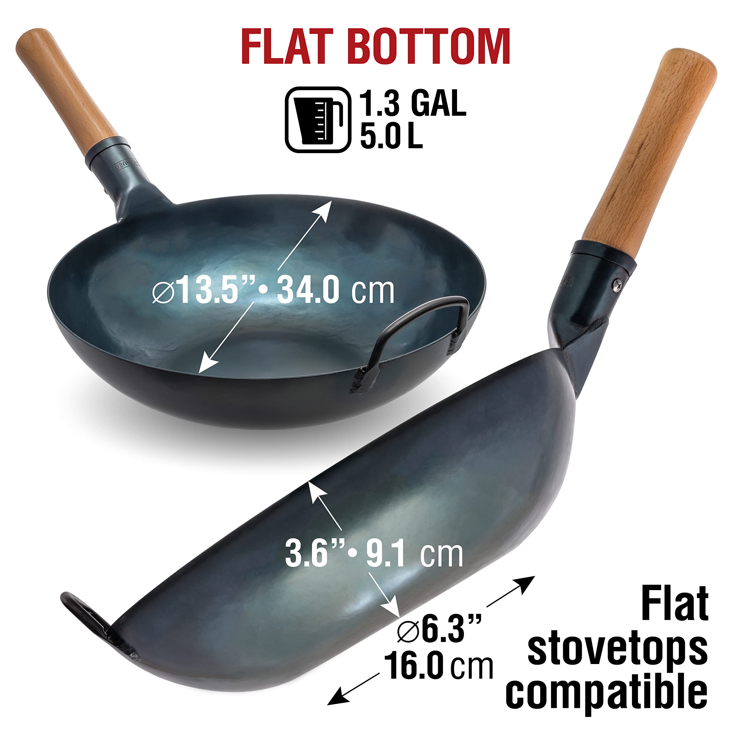 YOSUKATA 13.5" Flat Bottom Wok - Preseasoned Blue Carbon Steel Skillet for Induction Cooktops - Traditional Japanese Cookware