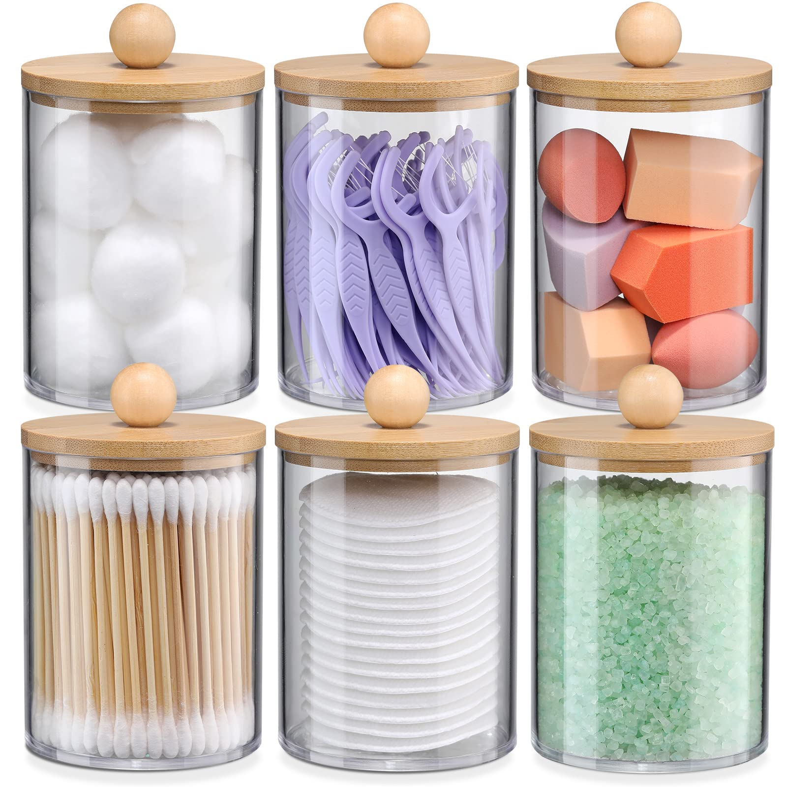 6-Pack Bamboo Qtip Holders - Bathroom Storage For Cotton Balls, Swabs, Pads, Floss