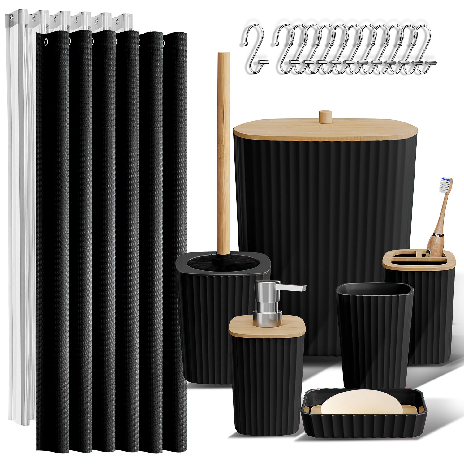 Clara Clark Bathroom Accessories Set - Bathroom Set, 20Pc Bathroom Accessory Set, Black Shower Curtain Set, Toilet Brush, Trash