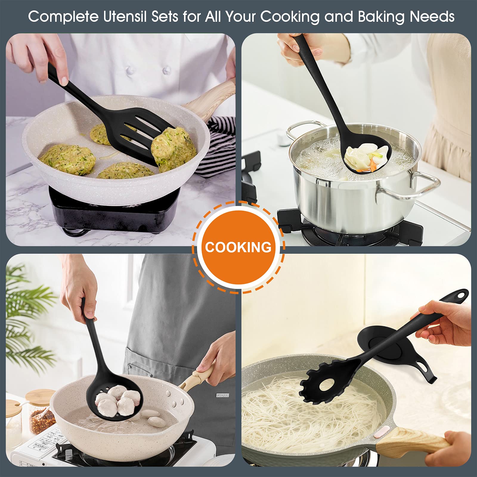Kitchen Utensils Set, E-Far 15-Piece Silicone Cooking Utensils With Holder, Non-Stick Cookware Friendly & Heat Resistant, Includ