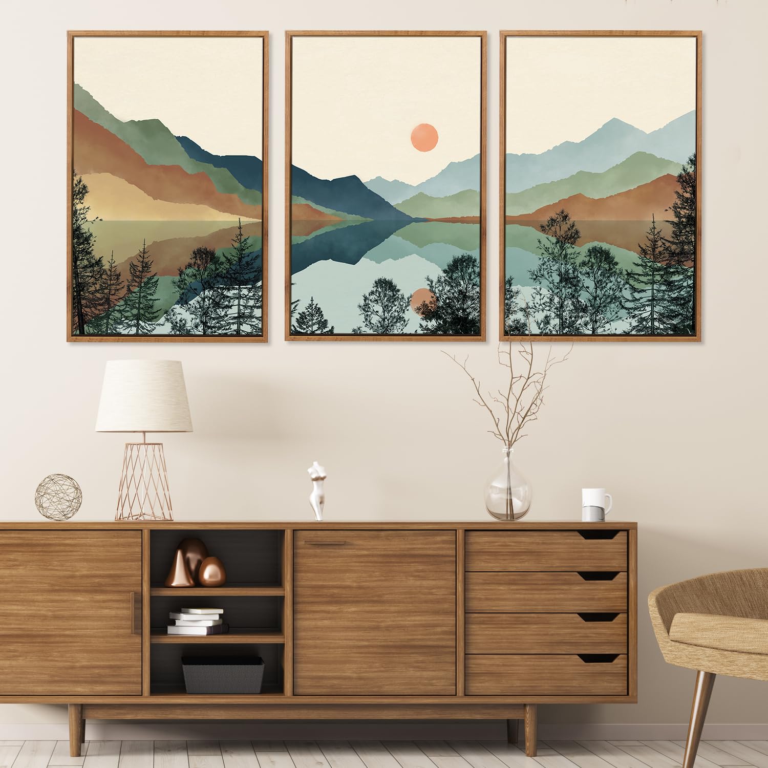 Chditb Mountain Sun Forest Framed Art Prints(Set Of 3, 24   X36   ), Boho Watercolor Nature Landscape Canvas Artwork Painting, A