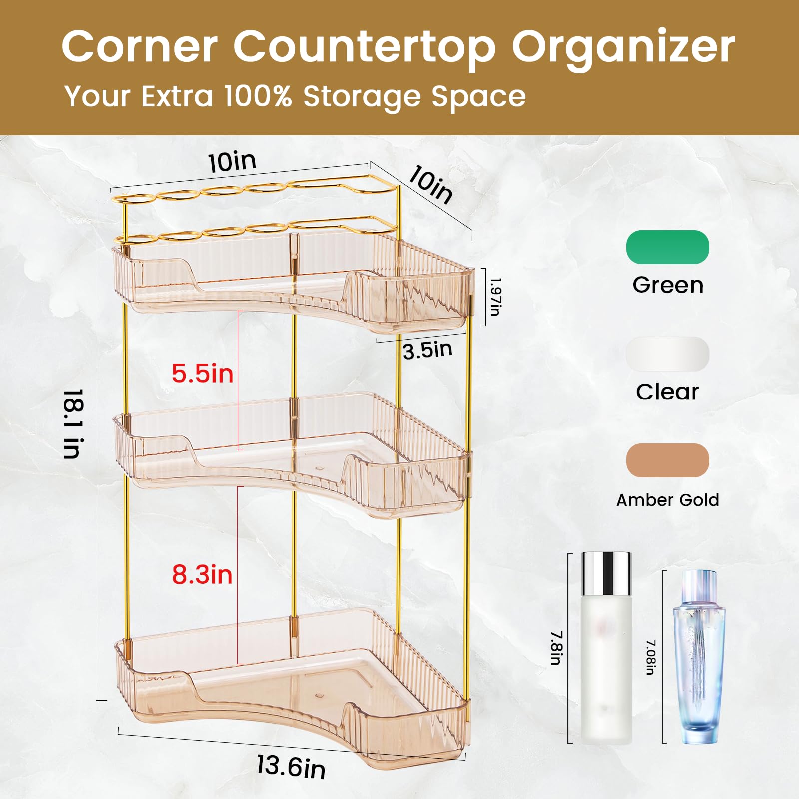 Nature'S Source Makeup Organizer For Vanity, 3-Tier Corner Bathroom Organizer Countertop With Makeup Brush Holder, Corner Counte