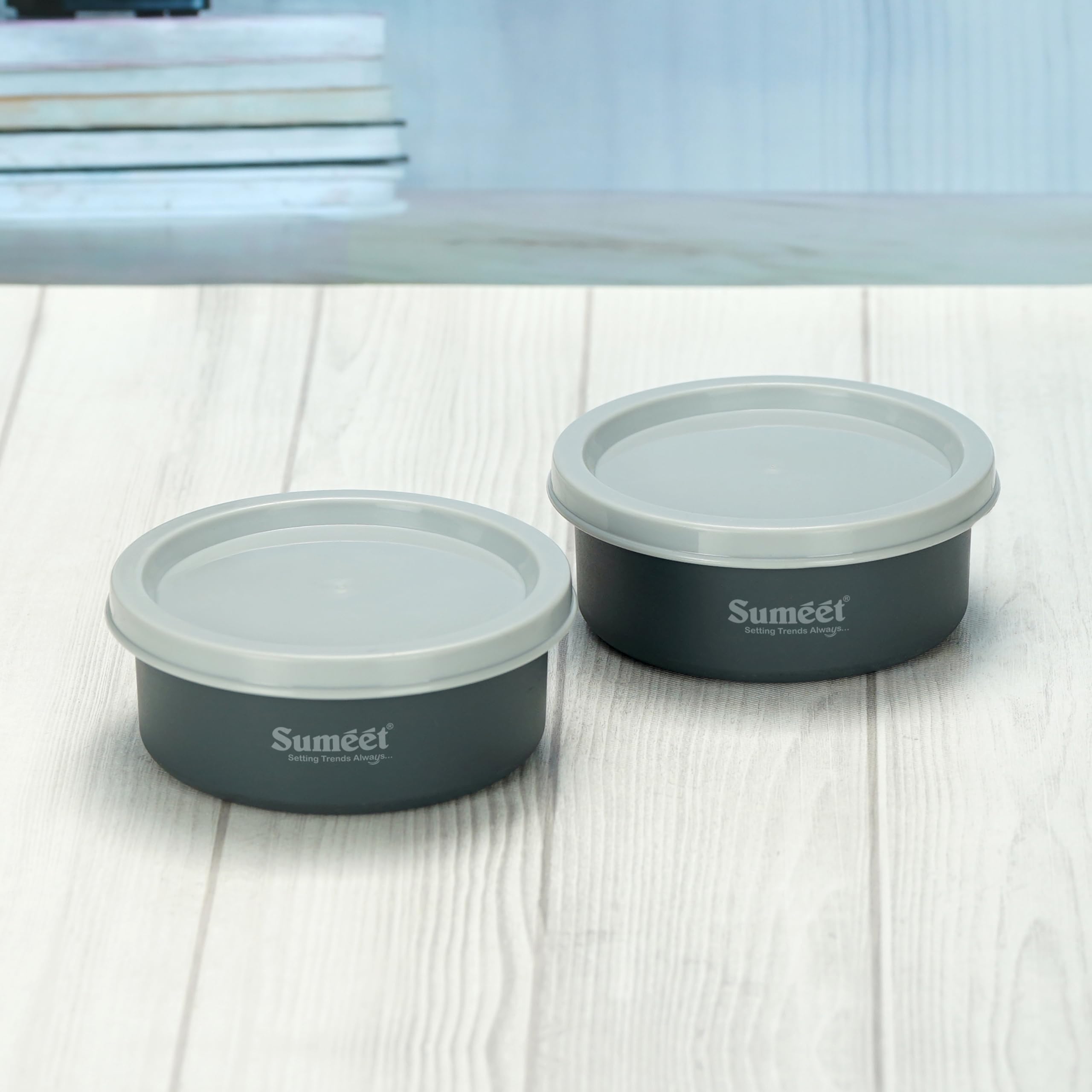 Sumeet Microwave Safe Stainless Steel Air Tight & Leak Proof Lunch Boxes Storage Containers With Lids For Kitchen Office School  240Ml  Set Of 2  Grey