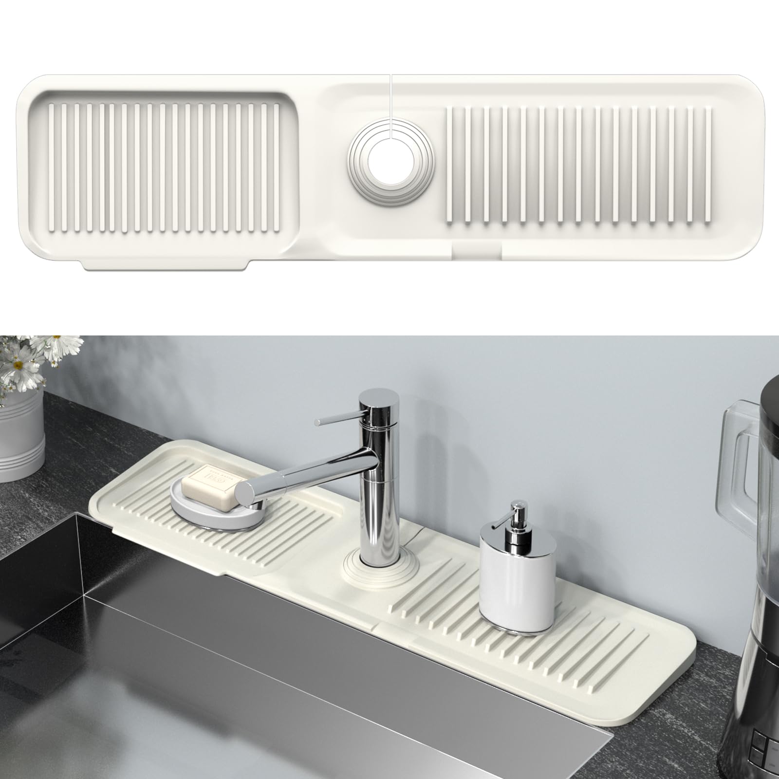 Kitchen Sink Splash Guard Behind Faucet 24 X 5.5 Inch, Toovem Faucet Handle Drip Catcher Tray, Longer Silicone Sink Faucet Mat,