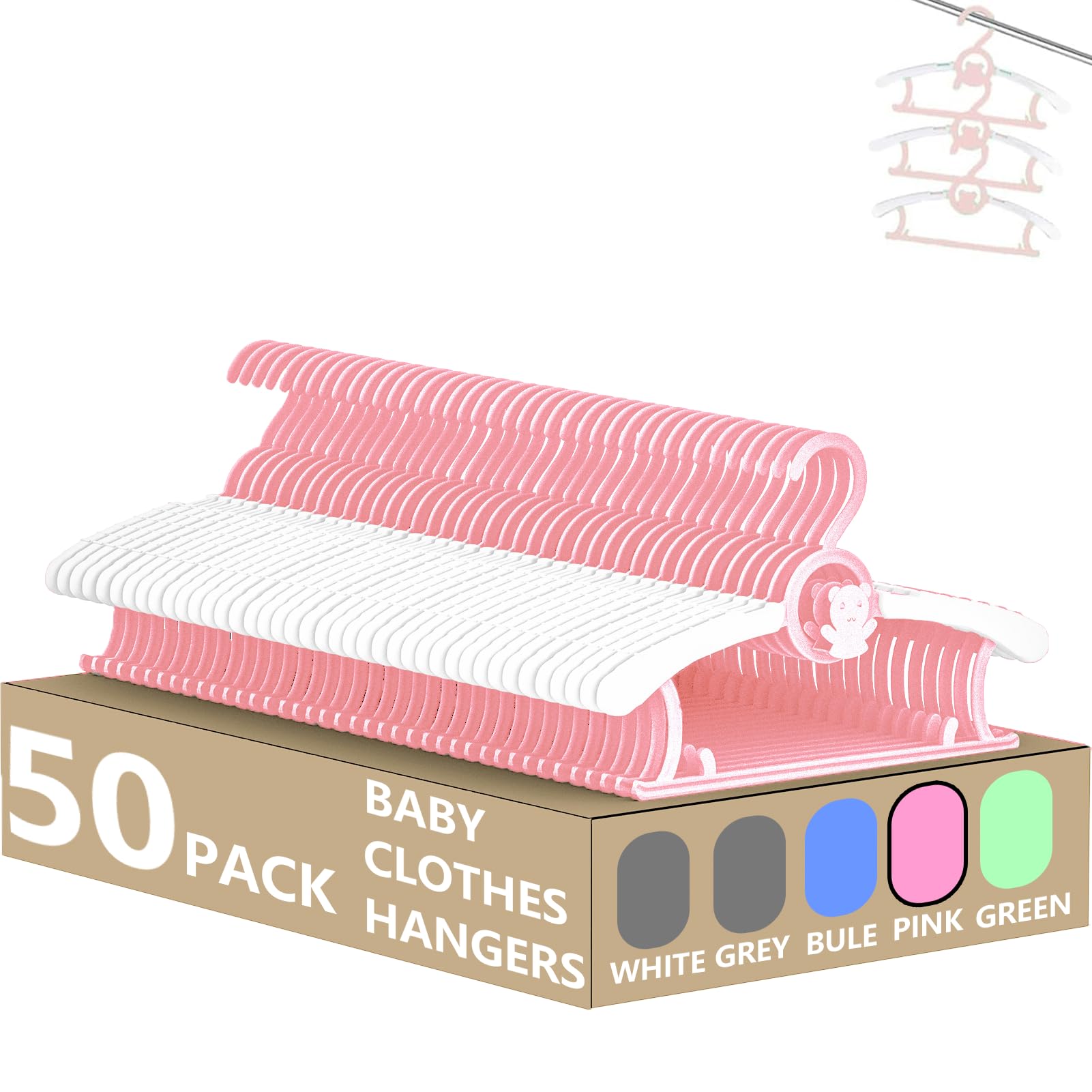 Hgyze Kid Hangers For Closet 50Pcs, Pink Infant Clothes Hanger 11-14'' Adjustable Plastic Baby Coat Hangers With Bear Hook, Non-