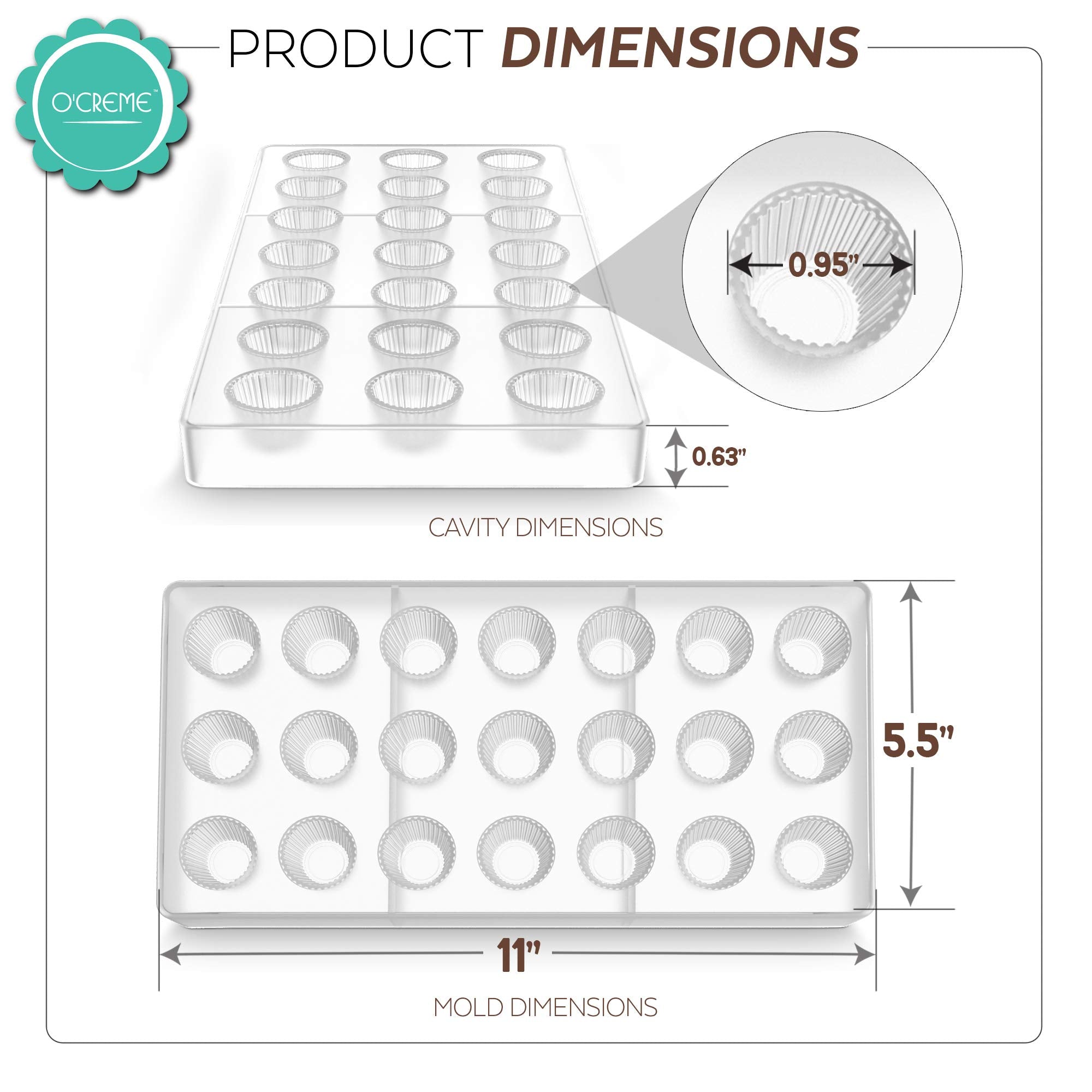O'Creme Clear Polycarbonate Chocolate Mold Transparent Jelly Candy Mold - Grooved Tapered Round 21 Cavities Tray