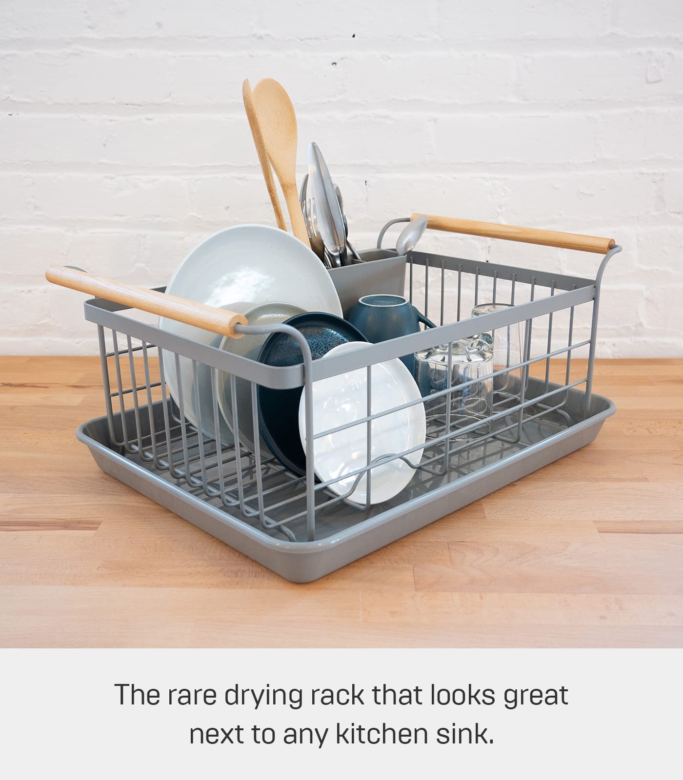 Yamazaki Home Sink Removeable Drainer Tray, Kitchen Drying Organizer Holder, One Size, White Steel + Wood | Dish Rack, Gray