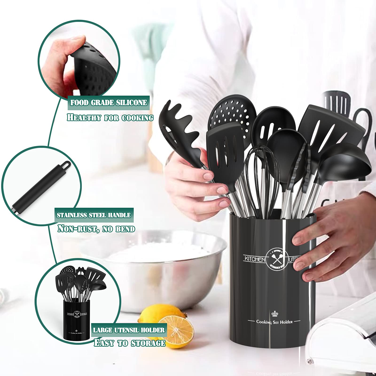 Silicone Kitchen Cooking Utensils Set-Umite Chef 43 Pcs Heat Resistant Kitchen Utensils, Black Kitchen Gadgets Tools Set With St