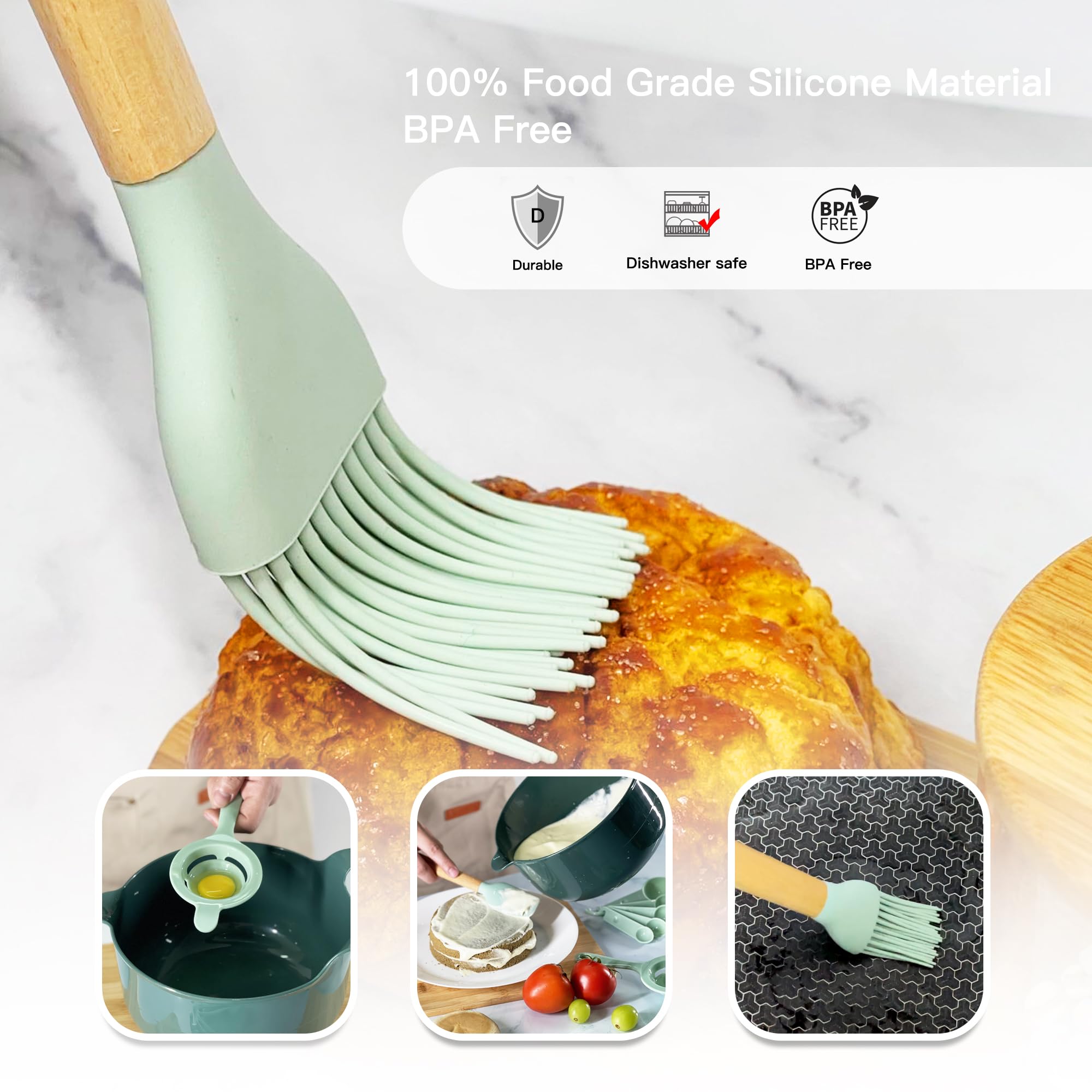 Plasic Mixing Bowls Set With Baking Supplies, Green Nesting Bowls With Pour Spout/Handle, Non-Slip Base, Measuring Spoons Set, E