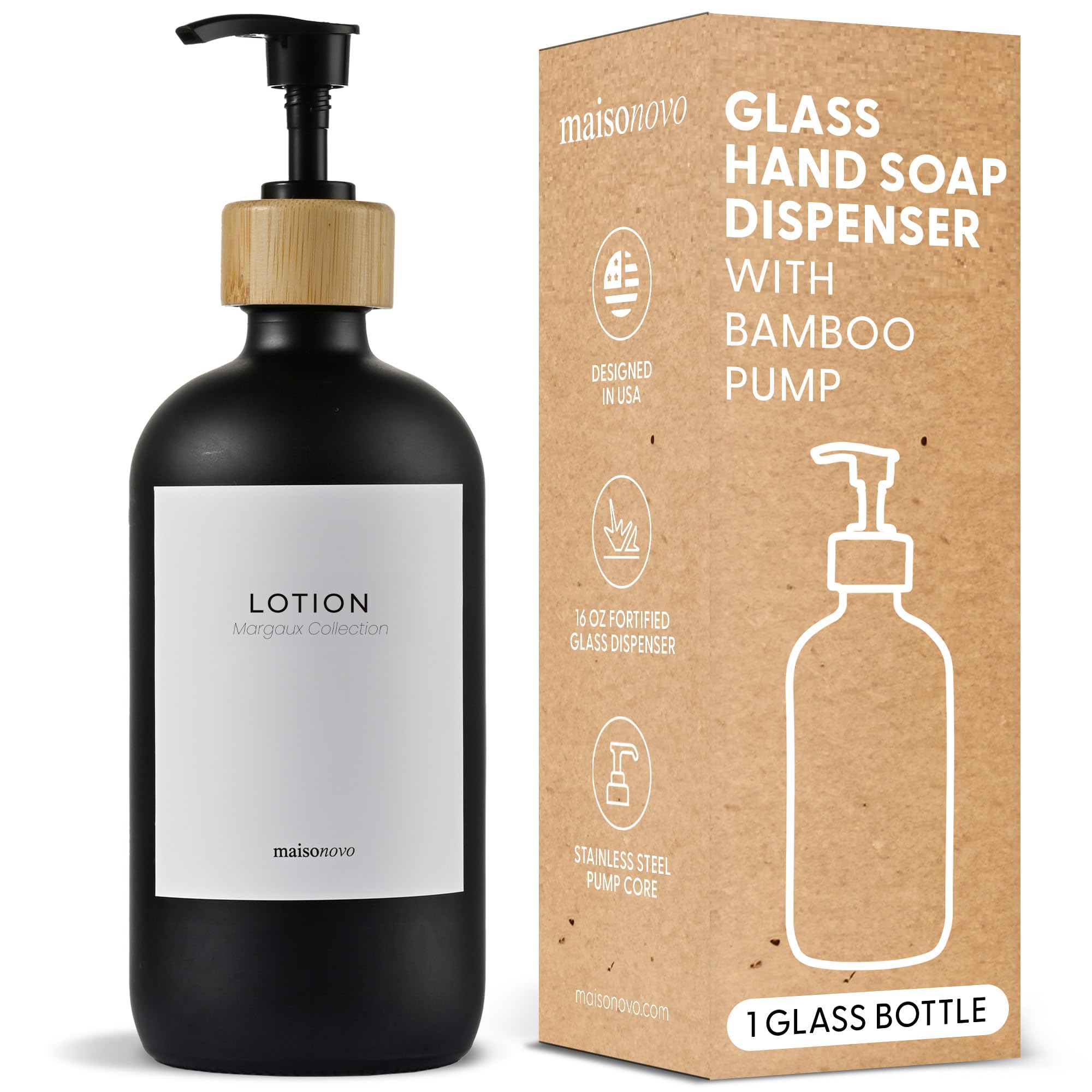 Maisonovo Glass Lotion Dispenser | 16.9 Fl Oz Black Glass Soap Dispenser With Bamboo Pump