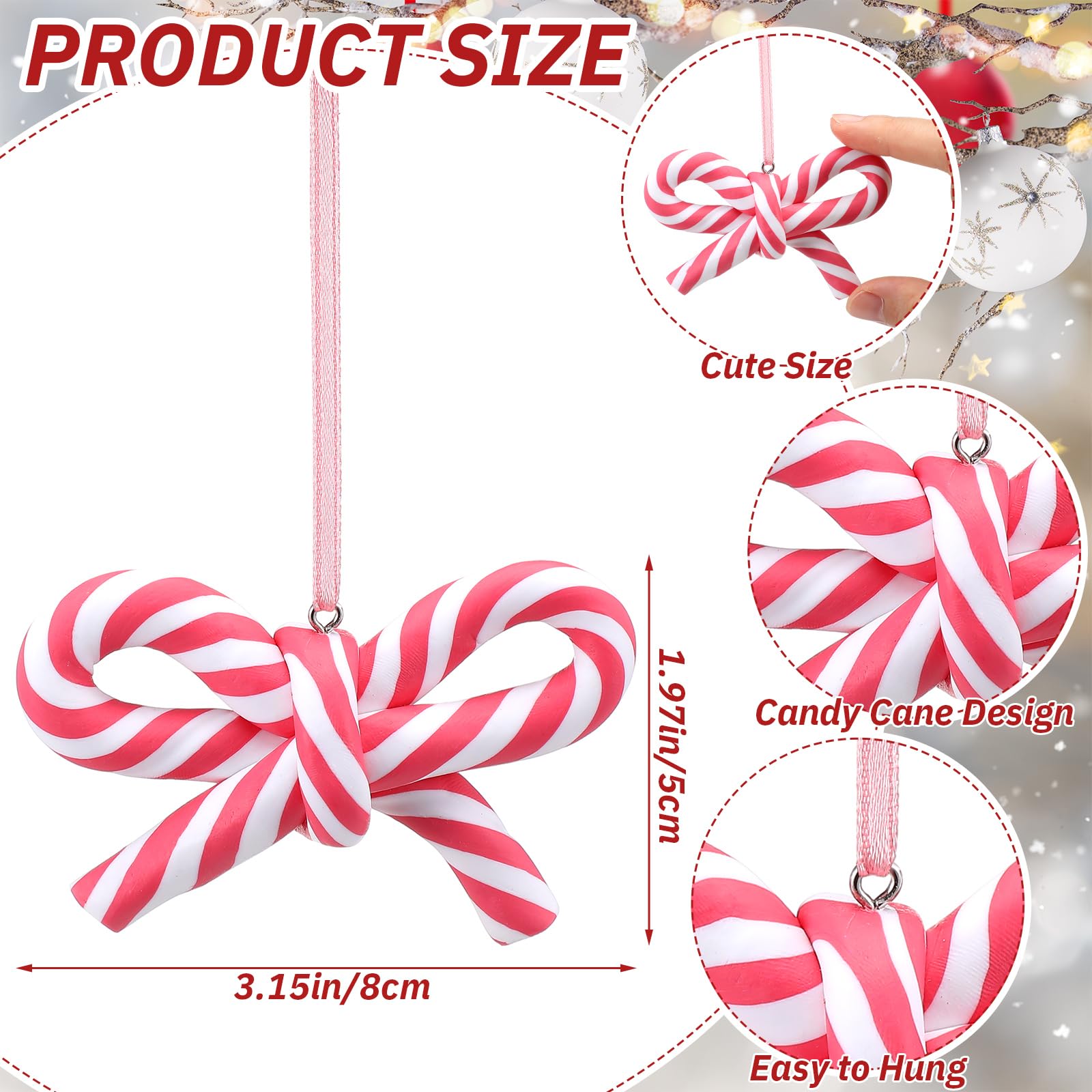 Hungdao 24 Pcs Bow Candy Cane Christmas Ornaments Pink and White Christmas Tree Decoration Stripe Candy Cane Hanging Ornament Po