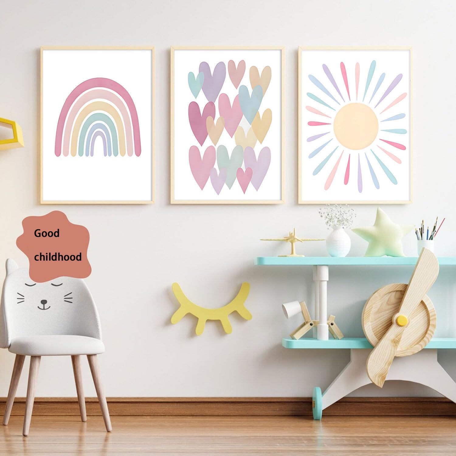3Pcs Pink Nursery Canvas Wall Art Pastel Rainbow Sun Hearts Posters Prints Boho Pink Sunshine Painting Wall Decor Pictures For T