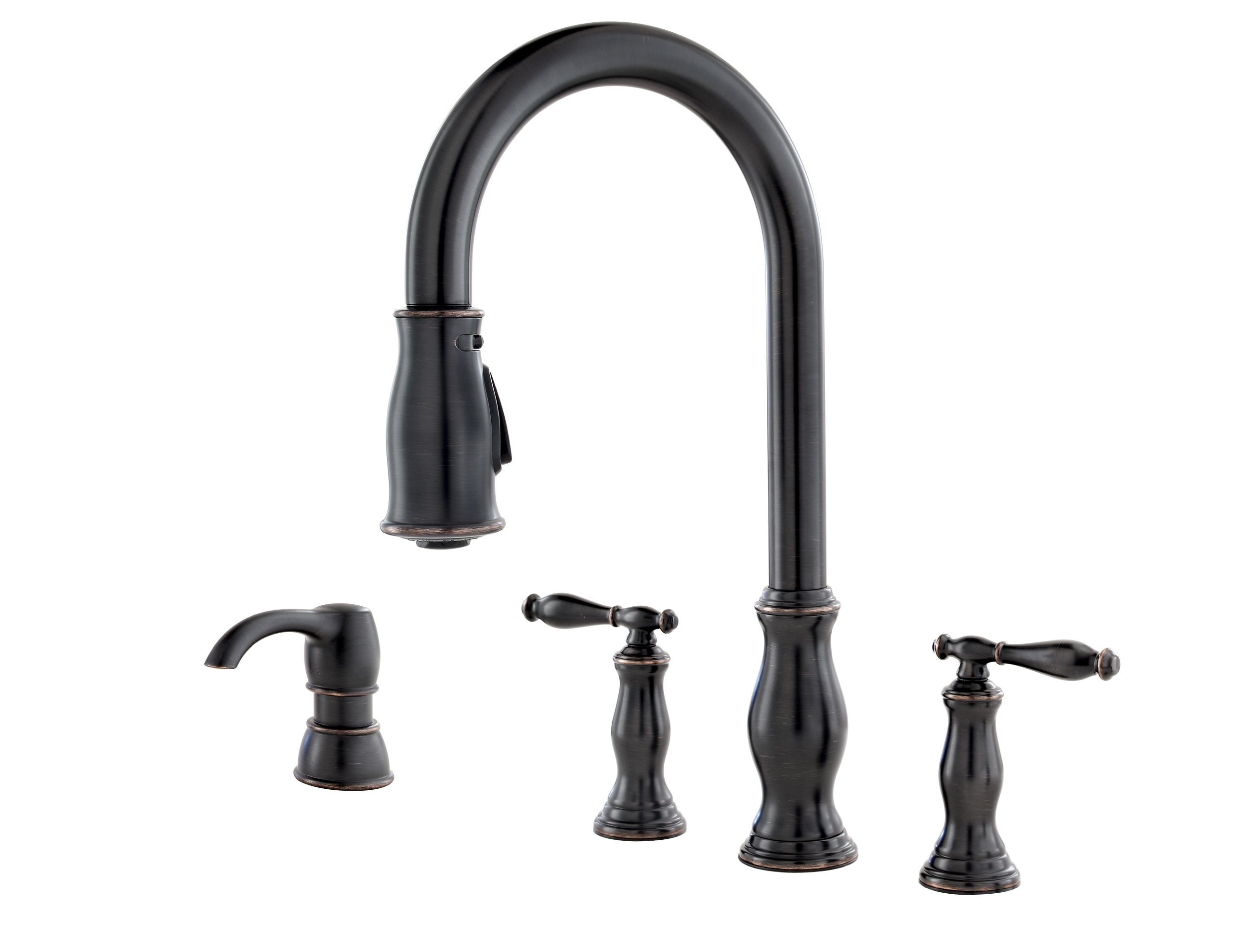 Pfister Hanover Kitchen Faucet with Pull Down Sprayer and Soap Dispenser, 2-Handle, 4-Hole, High Arc, Tuscan Bronze Finish, F531