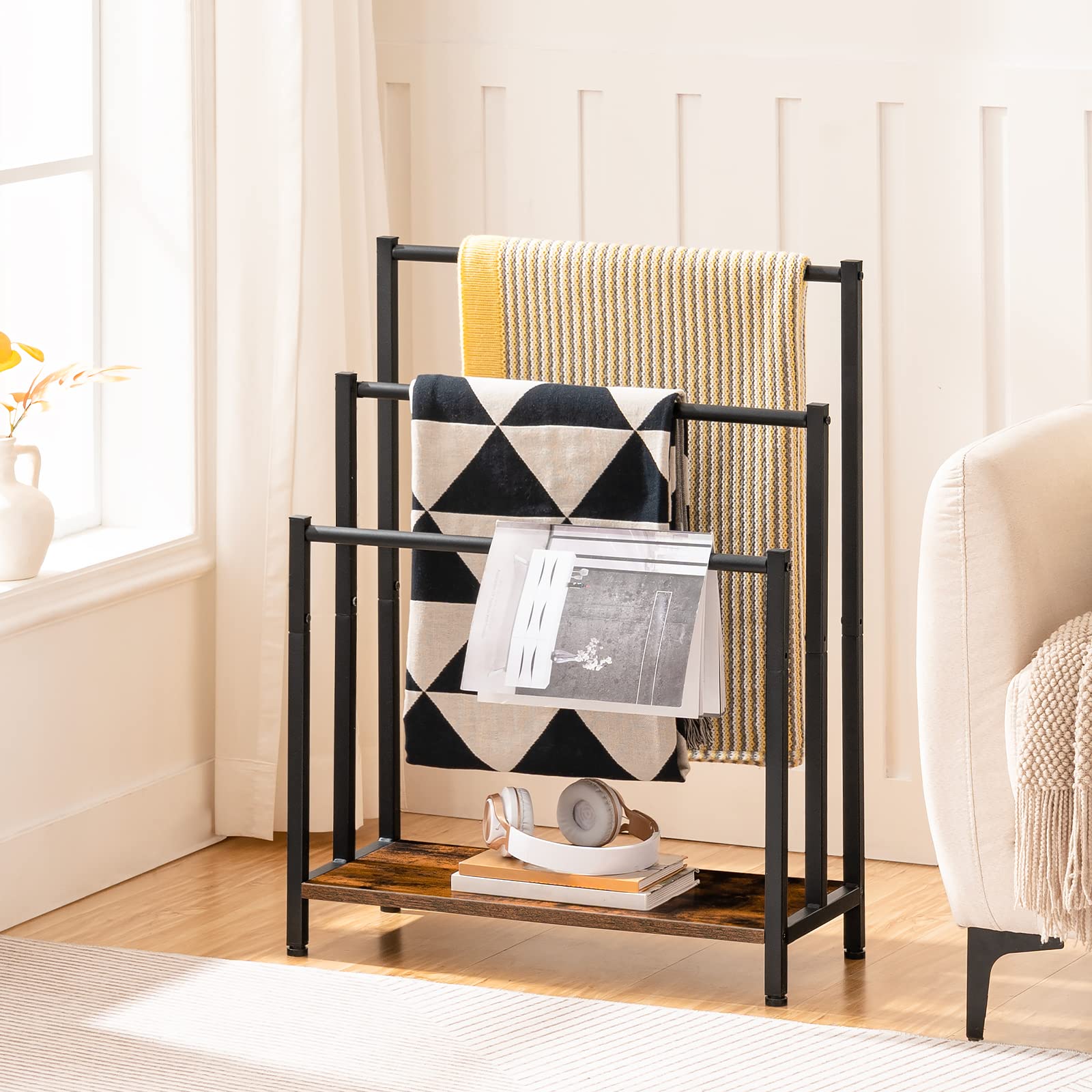 Hoobro Free Standing Towel Rack, 3 Tier Blanket Rack, Blanket Holder For Bathroom, 23.6'' L X 11'' W X 31.9'' H, Industrial Meta
