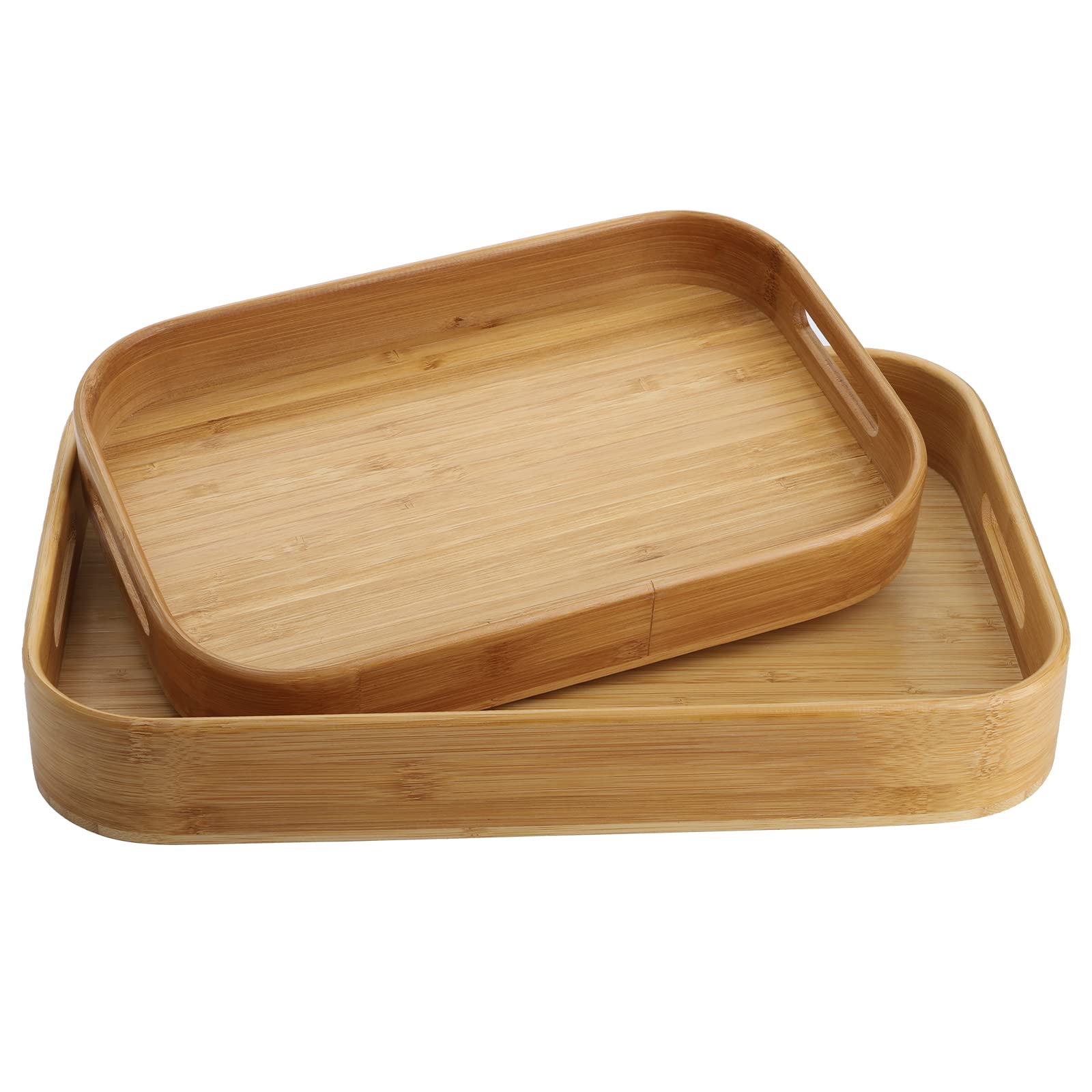 Dicunoy Set of 2 Bamboo Serving Tray, Solid Wood Breakfast Tray with Handles and Arc Angles, Large Size for Food, Dinner, Tea, C