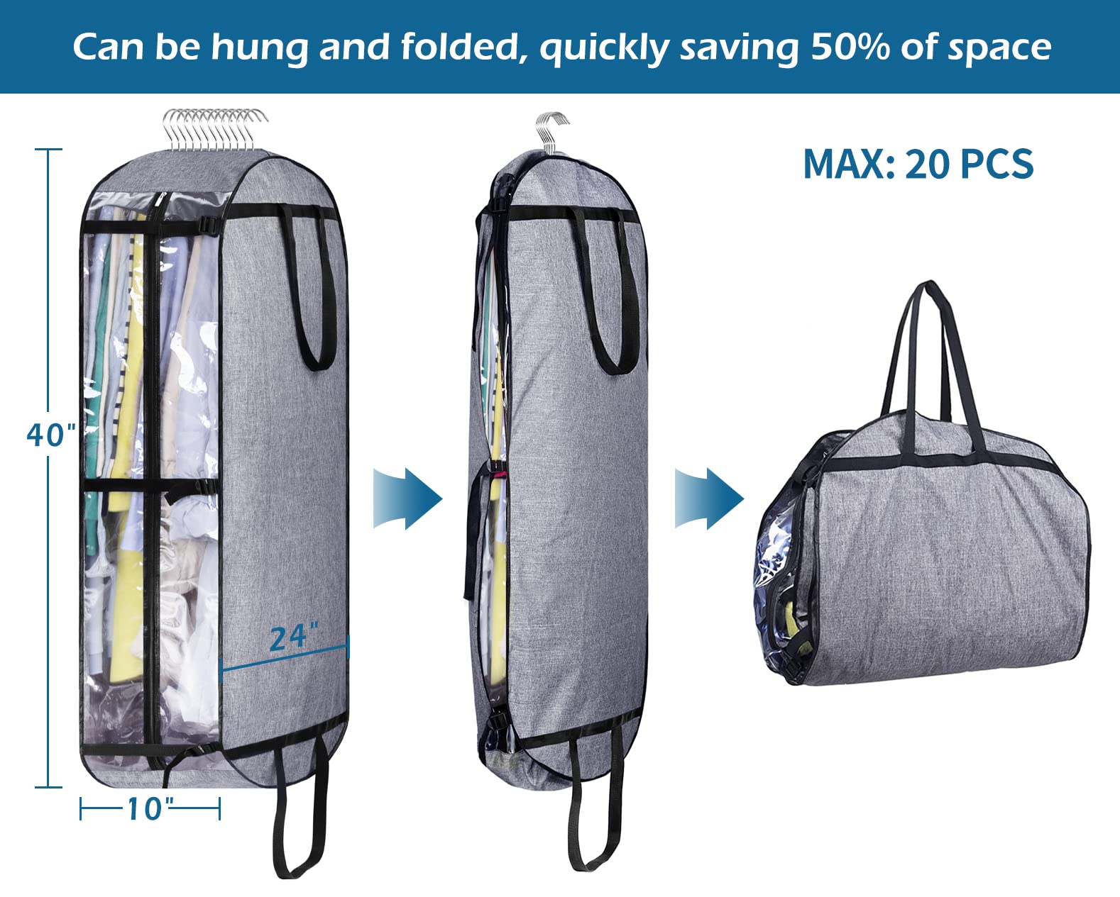 MISSLO 40'' Garment Bags for Travel Moving Bags Heavy Duty Hanging Bags for Clothes Durable Oxford Fabric Travel Suit Bags for Closet Storage Suit Covers for Men Women