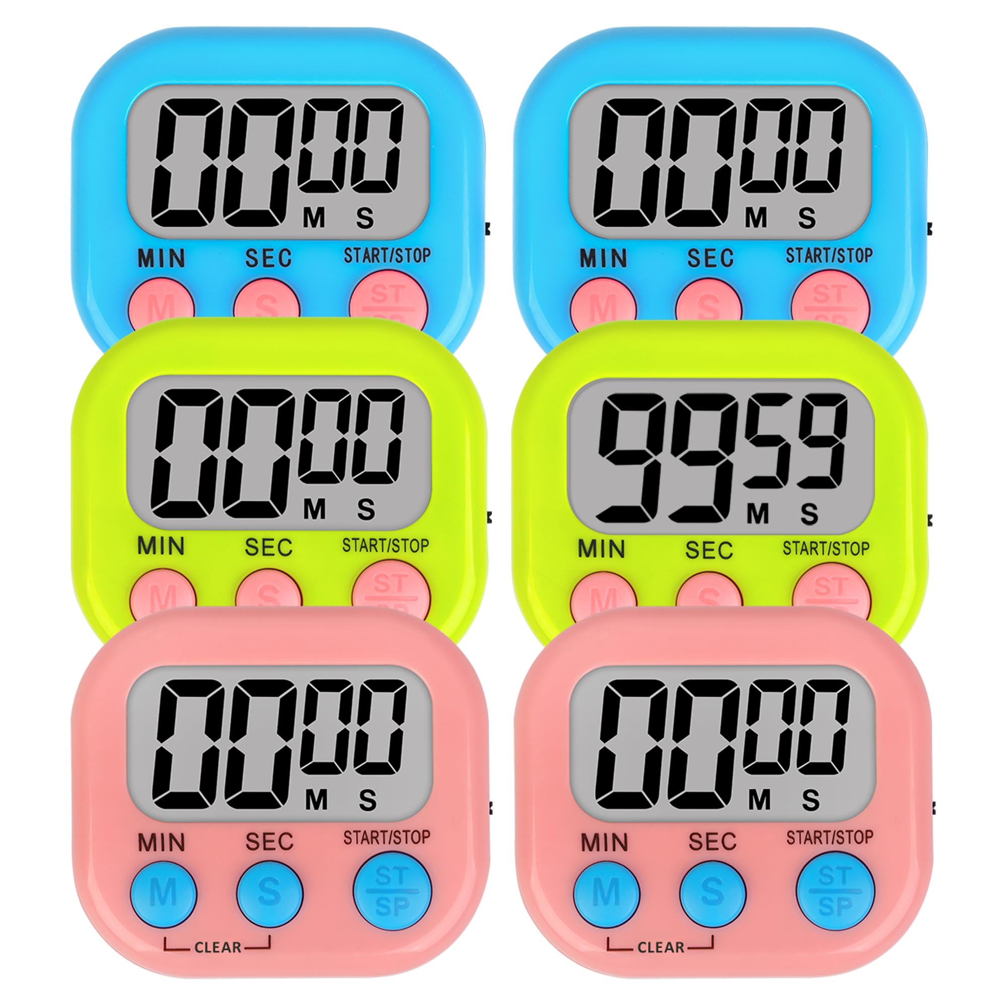 ZILLEEN 6 Pack Kitchen Timers for Cooking Digital Classroom Timers for Teachers Kids Blue Green Pink