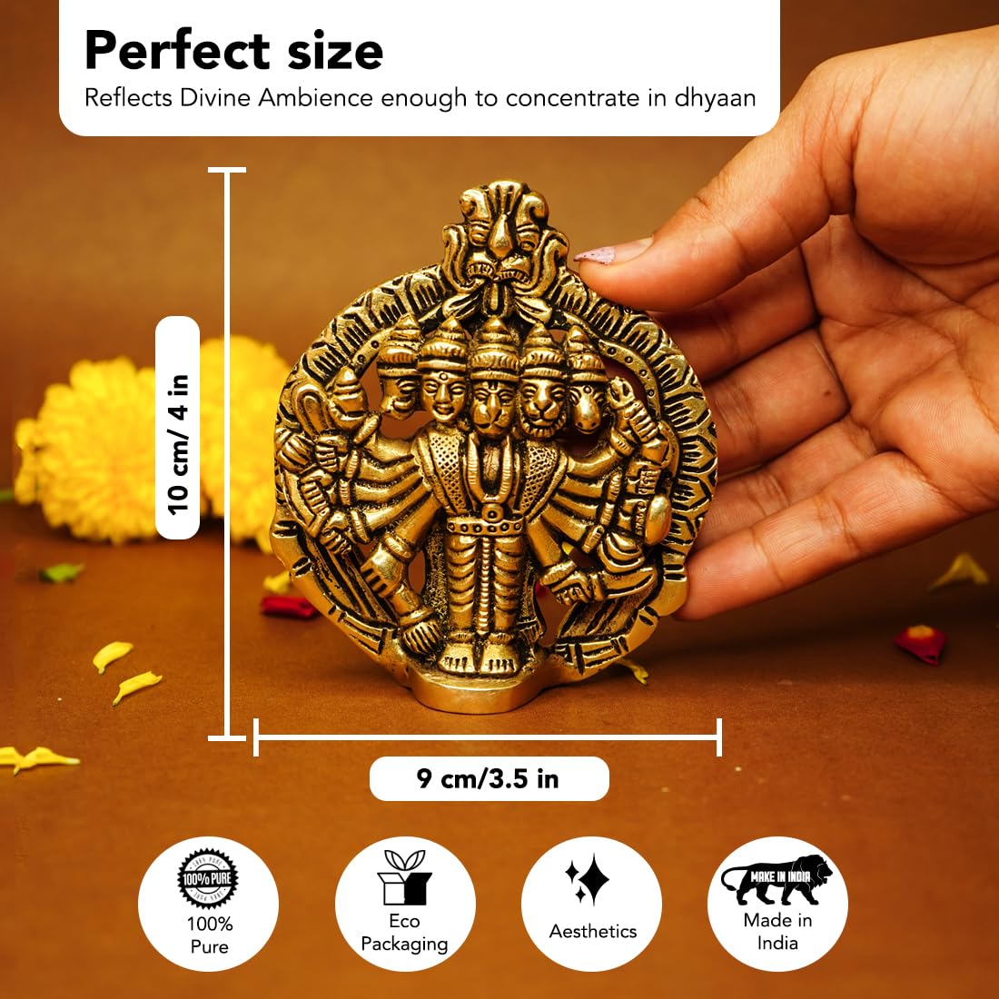 Ekhasa 100% Pure Brass Panchmukhi Hanuman (Size: 10 cm) | Panchmukhi Hanuman Murti for Door Entrance | Panch Mukhi Hanuman Ji fo