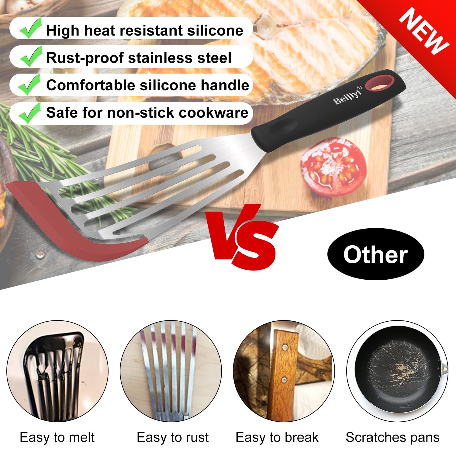 Beijiyi Fish Spatula Turner Set Of 2, Heat Resistant Silicone Edge Slotted Fish Spatulas For Nonstick Cookware, Flexible And Thi