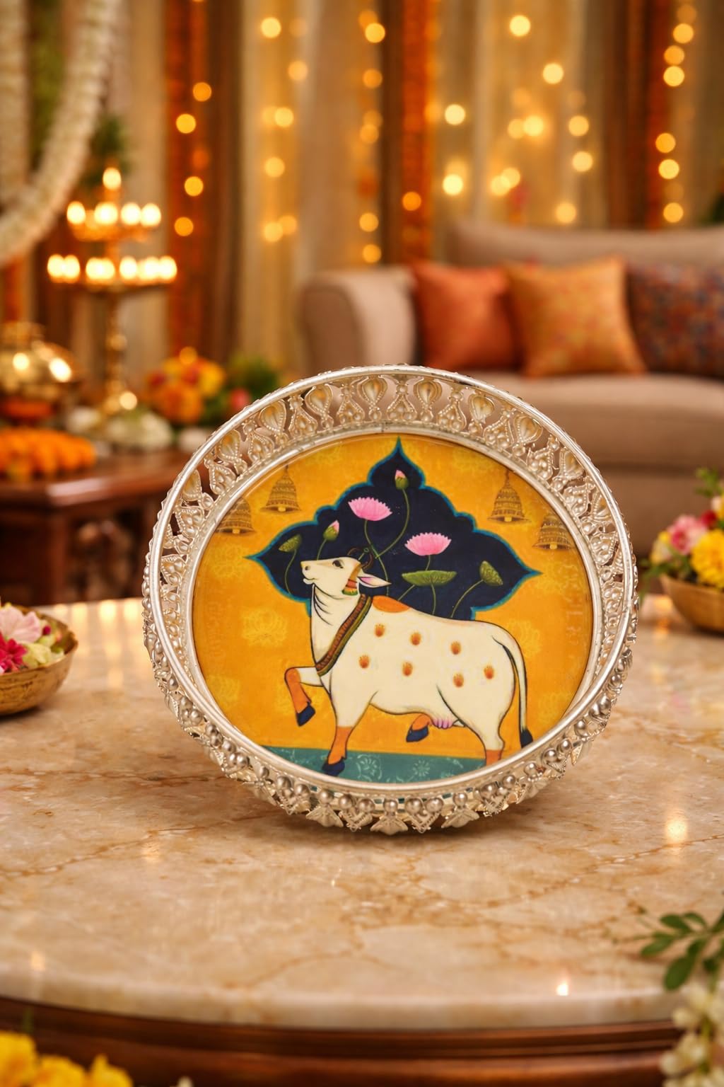 Design Magnifique Cow Pichwai Print Round Tray Wedding Return Gift Hamper Set Diwali Pooja Thali Puja