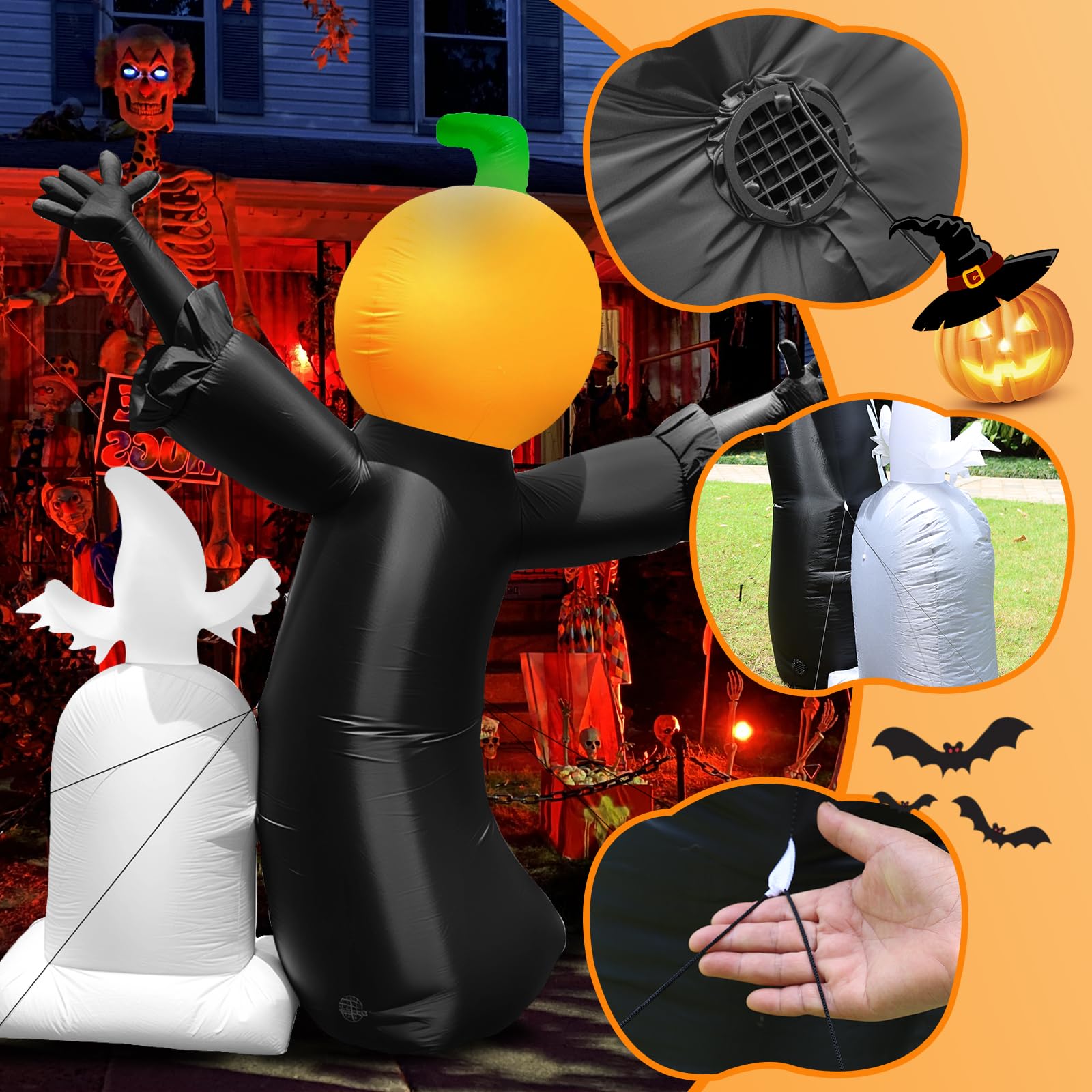 8FT Halloween Inflatable Outdoor Decoration Pumpkin Skeleton with Ghost Decorations LED Lights Built-in Blow Up Garden Lawn Yard