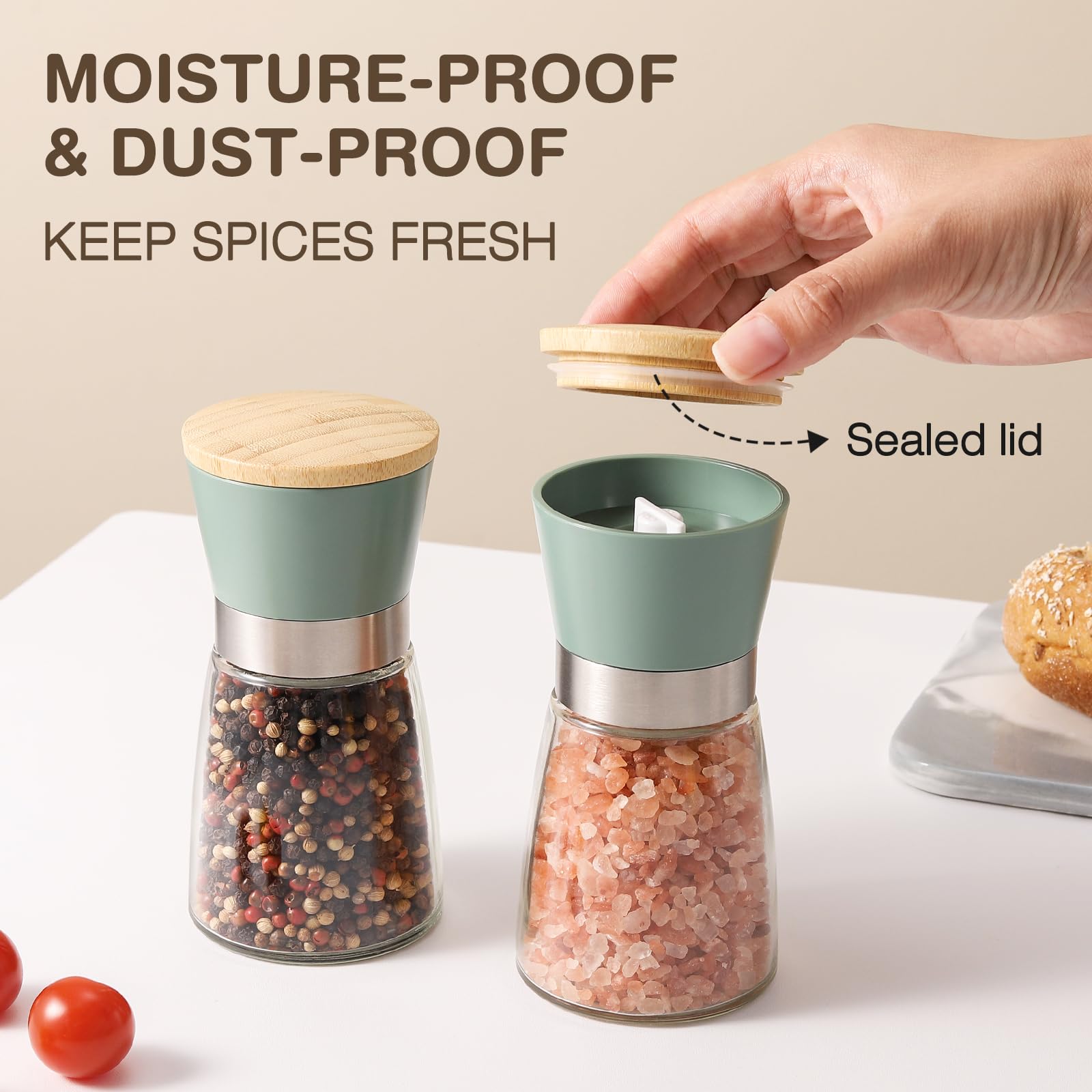 Vucchini Salt And Pepper Grinder Set Bamboo Lid- Adjustable Coarse Salt And Pepper Mills - Refillable Ceramic Burr Kitchen Gift