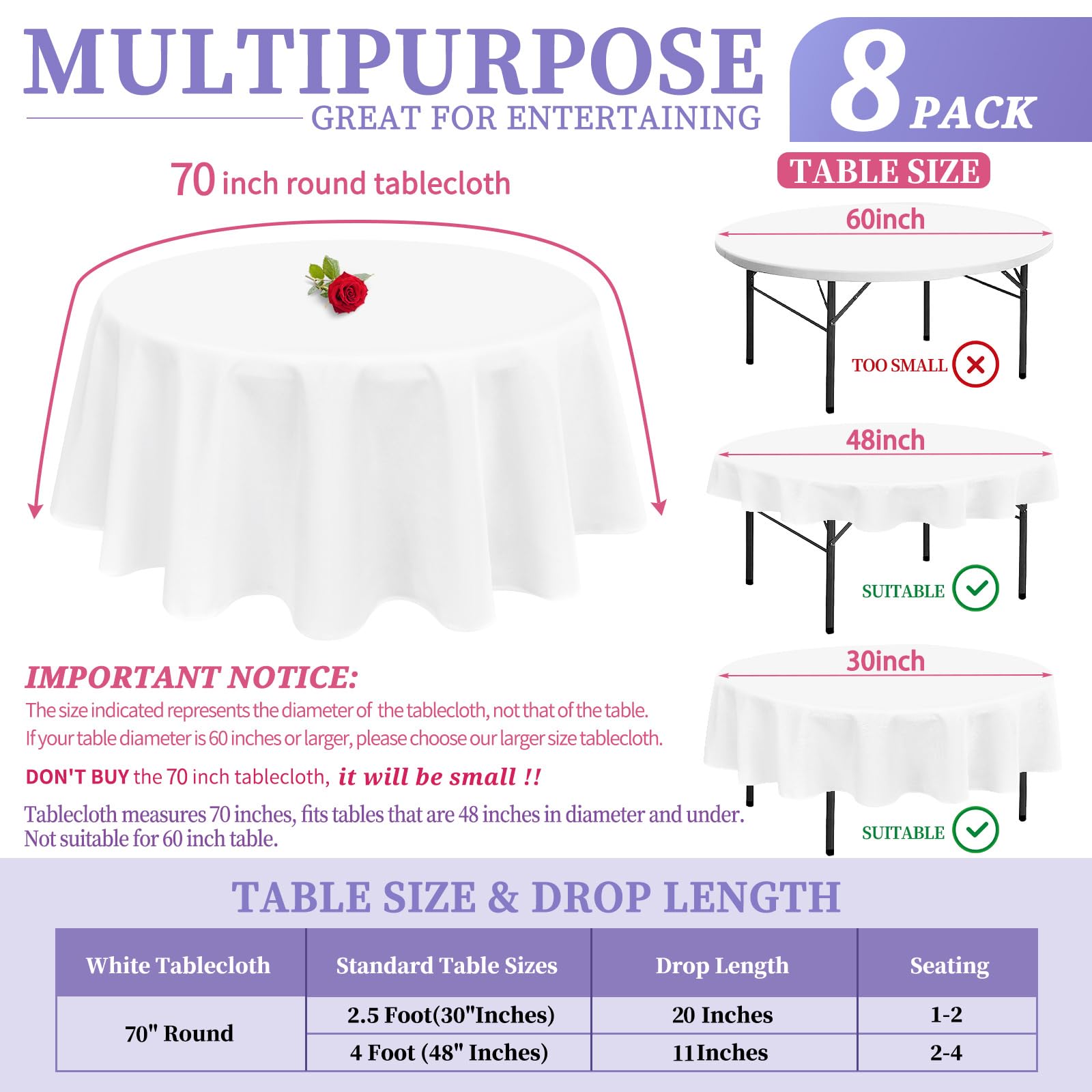 Showgeous 8 Pack Round Tablecloth 70 Inch Round White Table Cloths Polyester Tablecloths For Round Tables Washable Decorative Fa