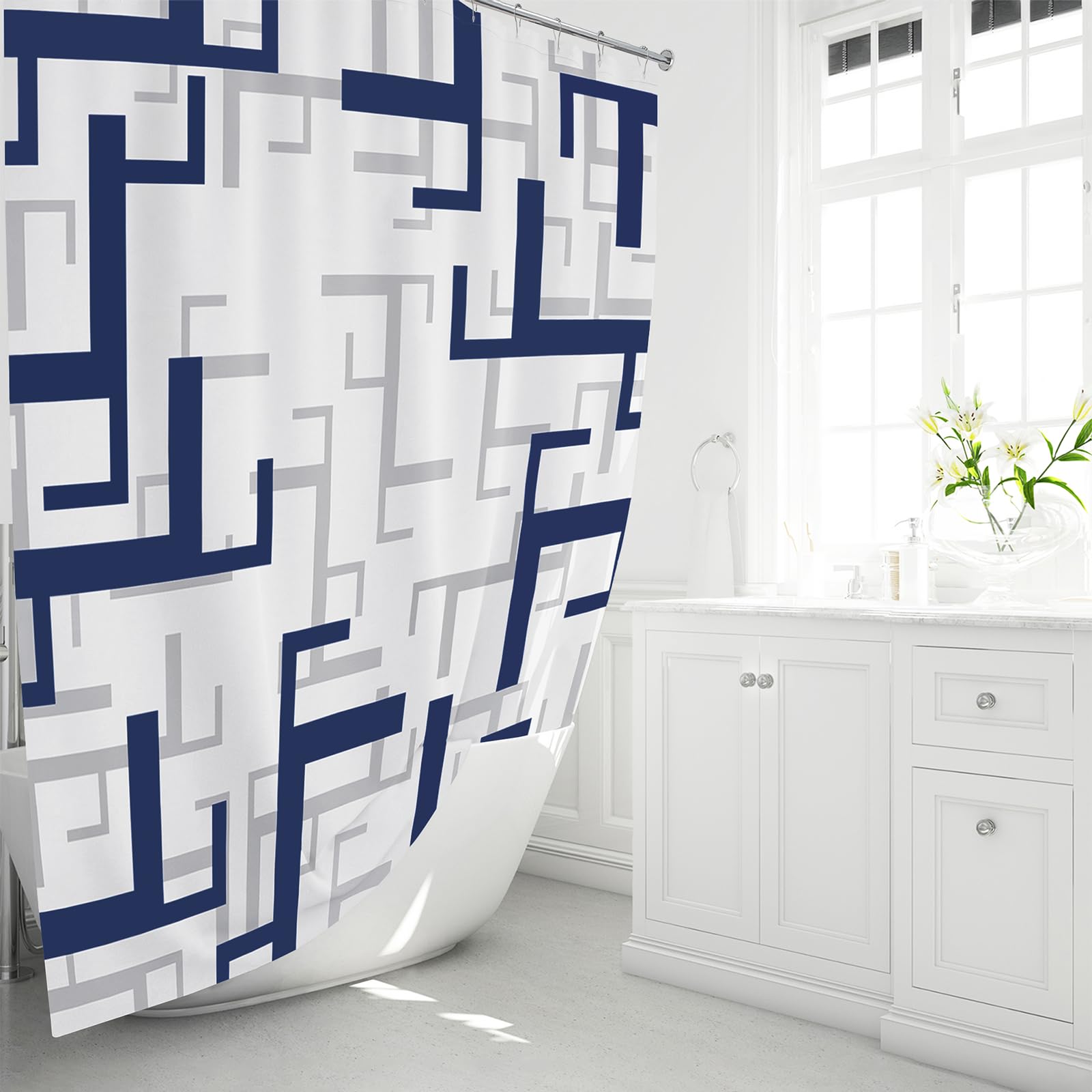 BTTN Navy Blue Shower Curtain - Modern Geometric Fabric Shower Curtain Set with 12 Plastic Hooks  Water Repellent  Machine Washable  Hotel Spa Luxury Cloth Shower Curtains for Bathroom Decor - 72x72