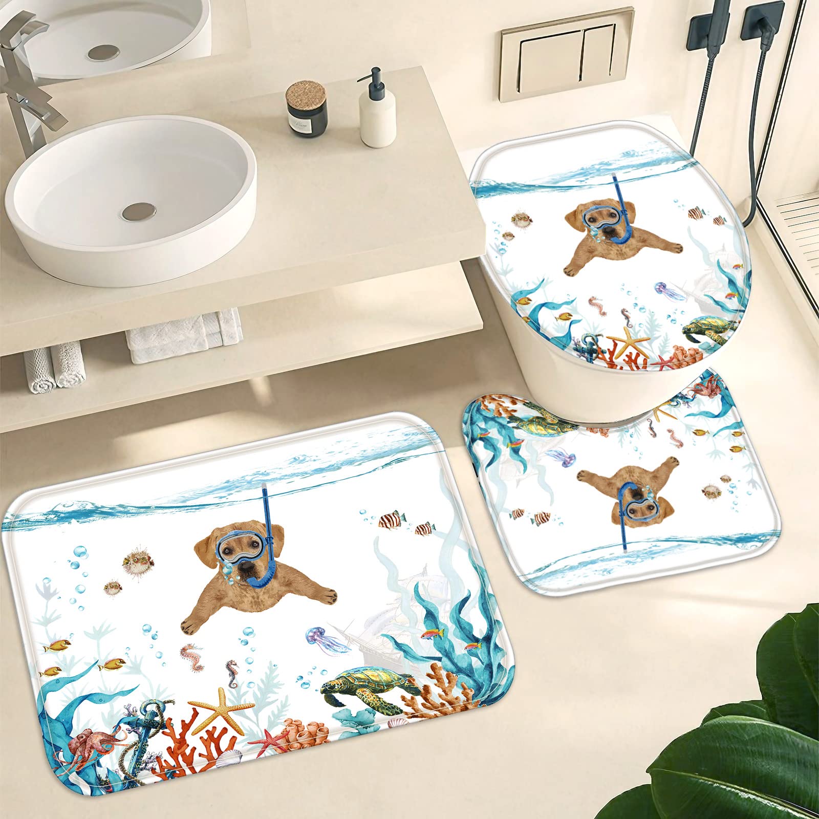 Fungarth 4 Pcs Funny Dog Shower Curtain Set With Rug Teal Blue Sea Ocean Bathroom Sets With Waterproof Fabric Shower Curtain And