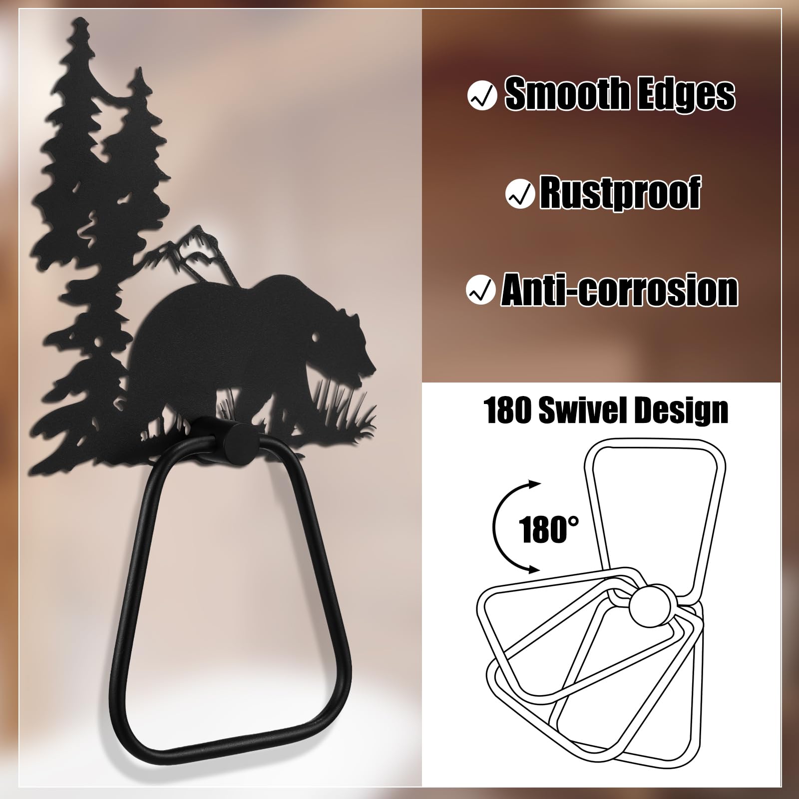 Peryiter 3 Pcs Bear Towel Holder Bathroom Bear Hand Towel Holder Black Deer Towel Ring Rack Bathroom Wall Decorations Summer Rus