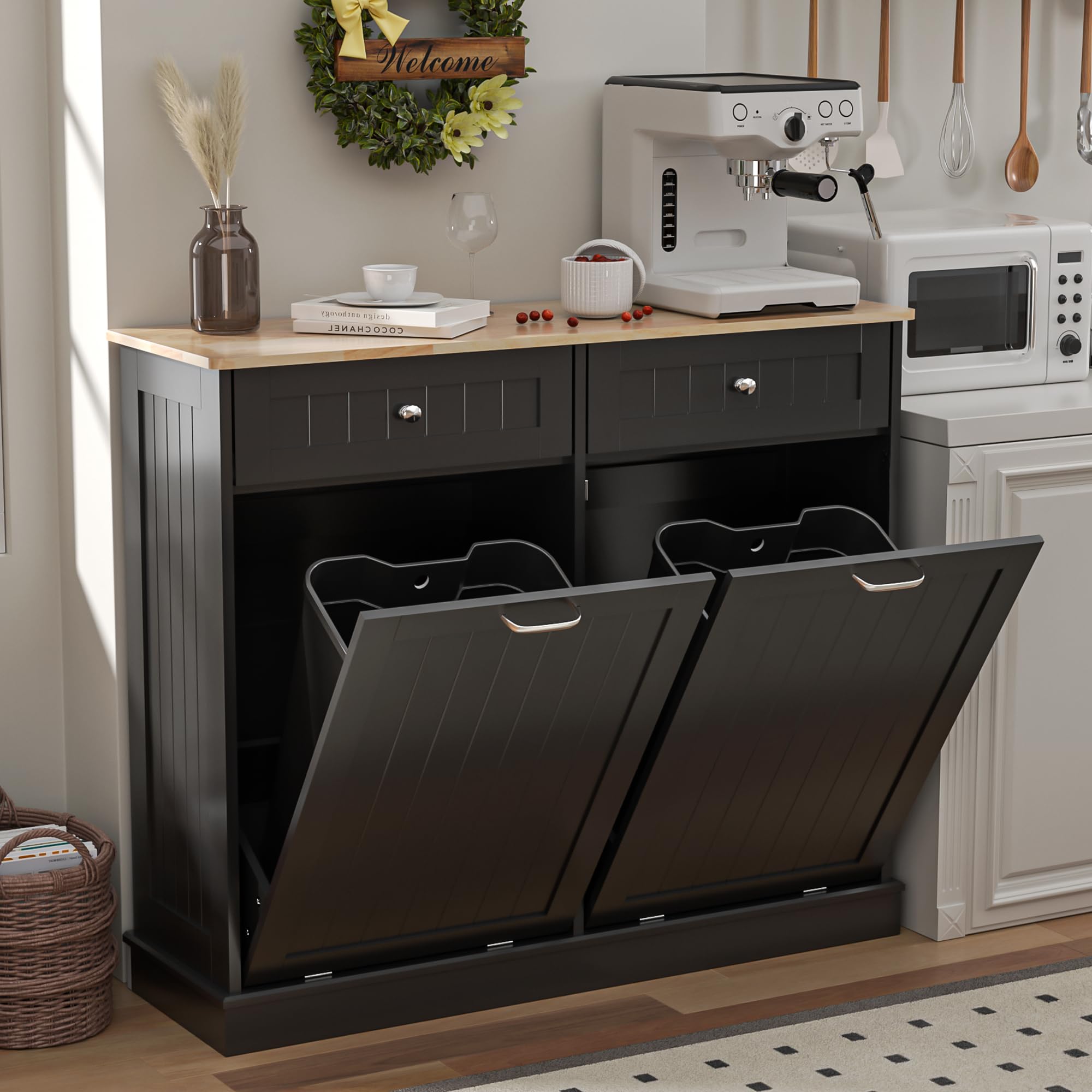 Spurgehom Double Tilt Out Trash Cabinet Kitchen Island,Laundry Hamper Pull Out Trash Can Cabinet 2X13 Gallon Freestanding Pet Pr