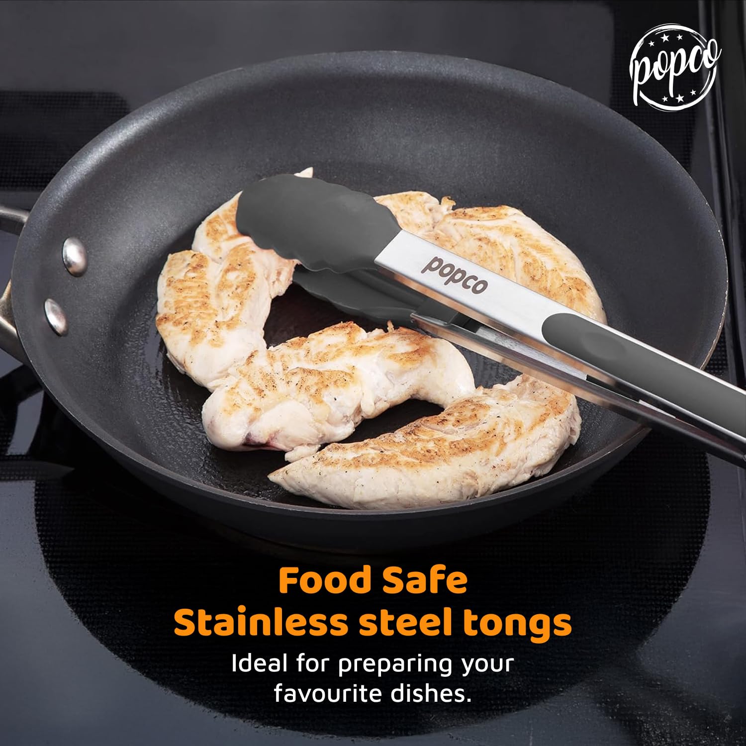 Popco Silicone Tongs for Cooking Grilling (3 food tongs x 7/9/12'') Heavy Duty Stainless Steel BBQ Tongs for Grilling  Cooking Tongs  Kitchen Tongs with Silicone Tips  Salad Tongs  Rubber Tongs Buffet