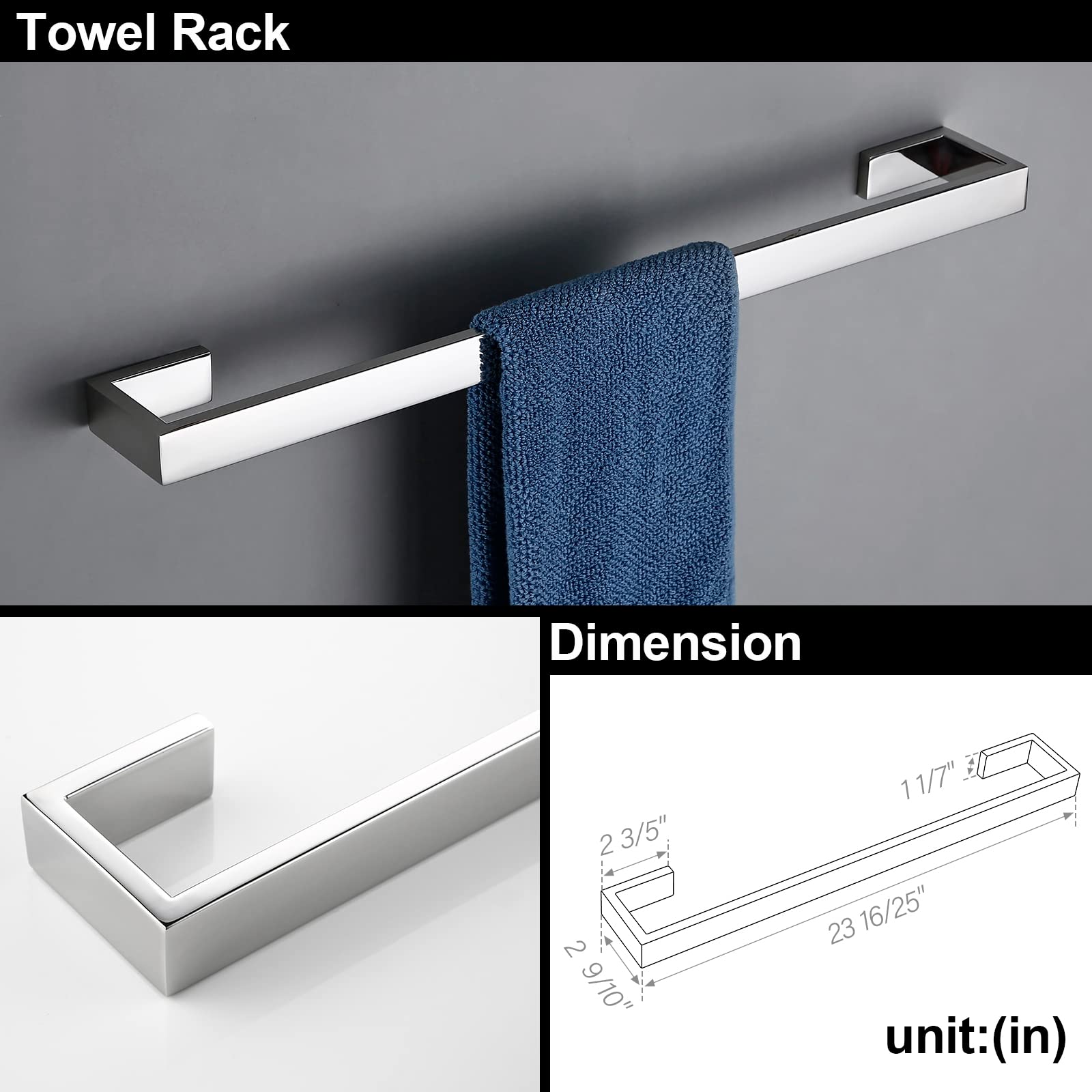 BAGNOLUX Bathroom Accessories Set 4-Piece Bathroom Hardware Wall Mounted  23.6 inch Towel Bar Towel Holder Robe Hook Toilet Paper Holder  Chrome Polished Finshed