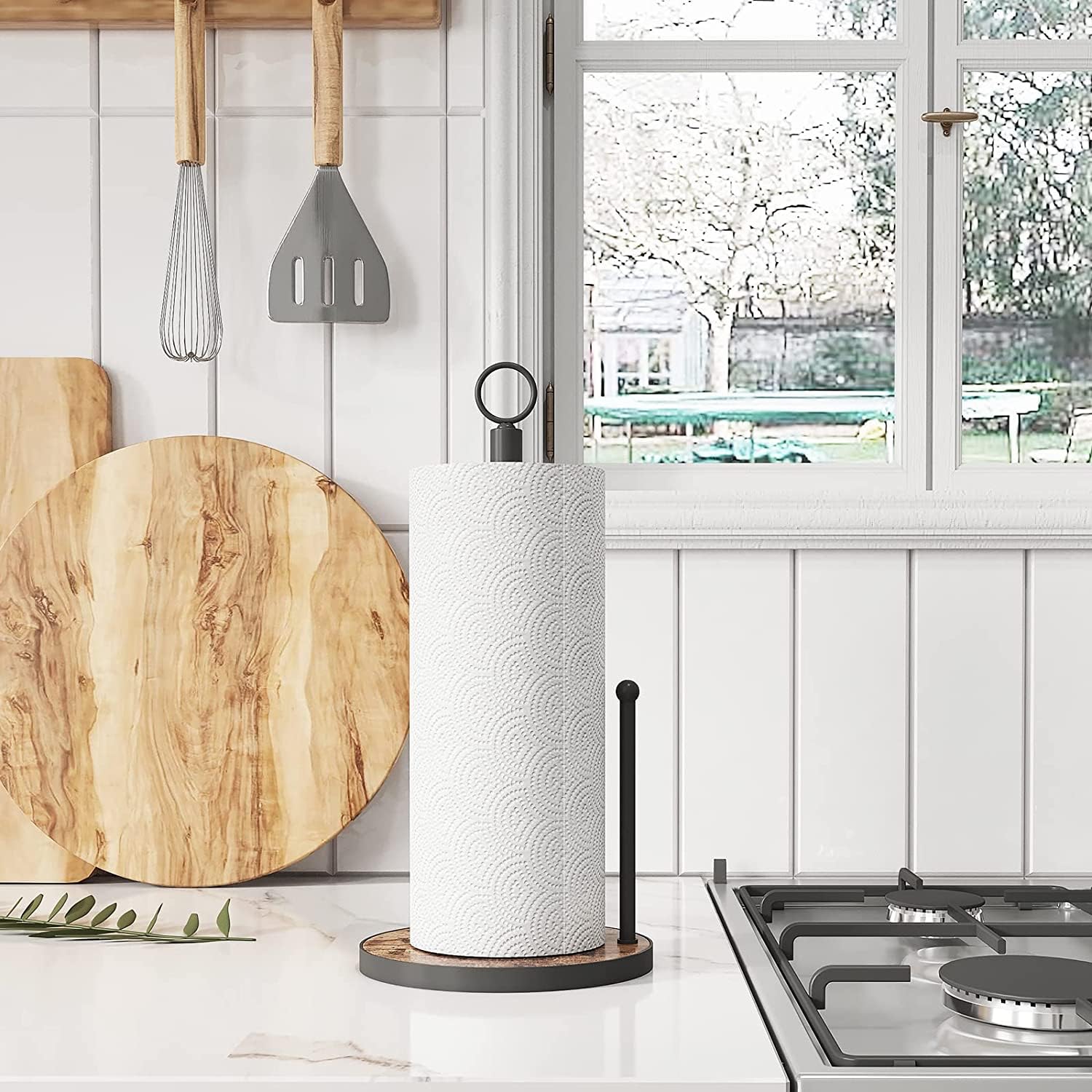 Oropy Paper Towel Holder Countertop With Heavy Duty Wood Base, Farmhouse Paper Towel Roll Stand For Kitchen Counter Fits Standar