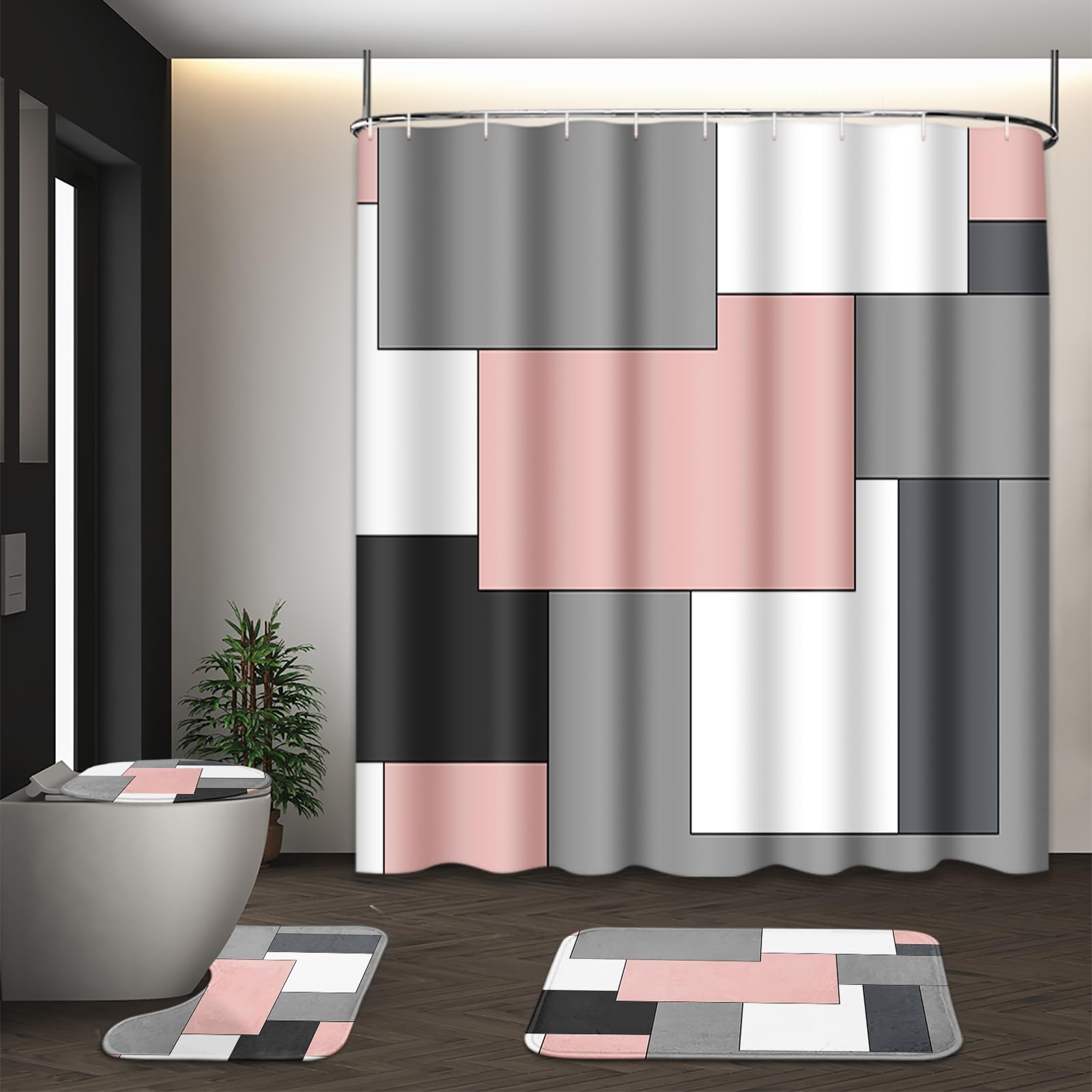 Tayney Pink Geometric Shower Curtain Set With Toilet Lid Cover And Non-Slip Rugs For Bathroom, Grey Black White Checkered 4 Pcs